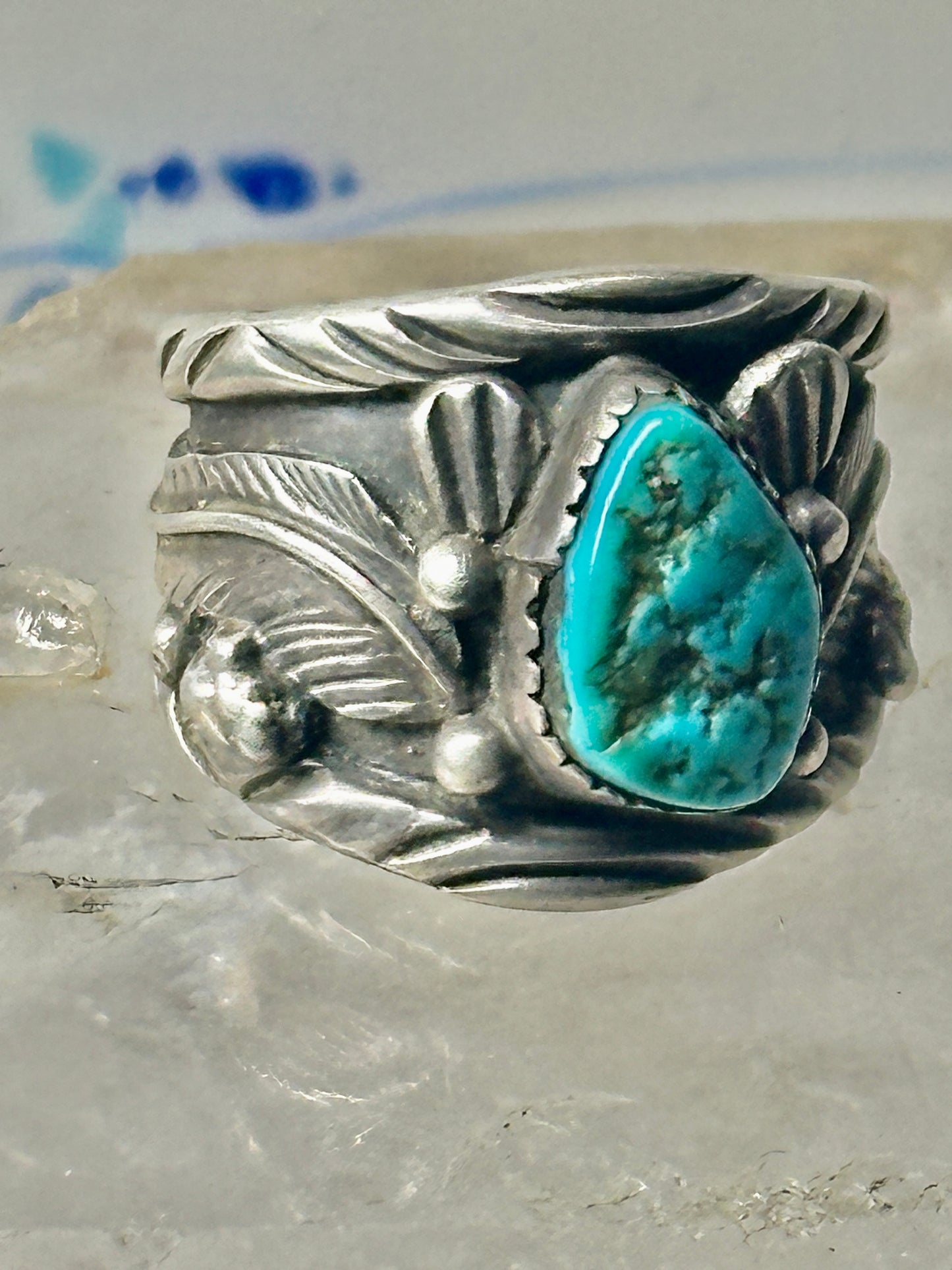 Long Navajo ring turquoise band leaves C. Lewis sterling silver size 8.2 women men