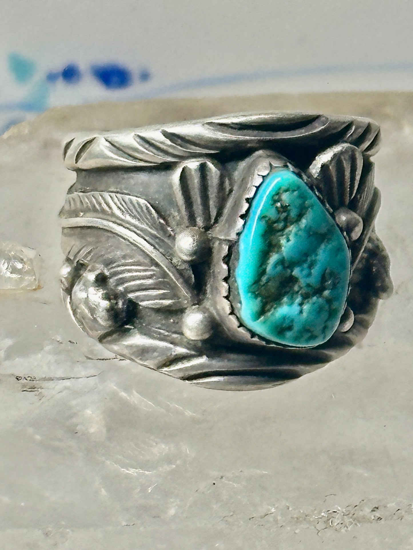 Long Navajo ring turquoise band leaves C. Lewis sterling silver size 8.2 women men