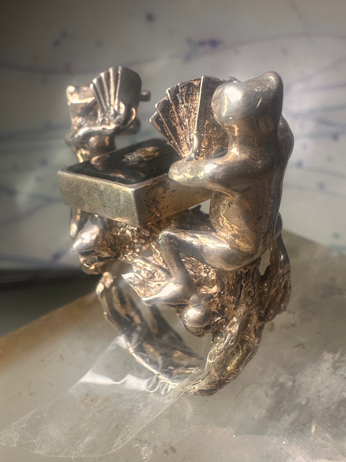 Frog ring Frogs Gambling Poker cards turtle tree mouse size 6.75 sterling silver women