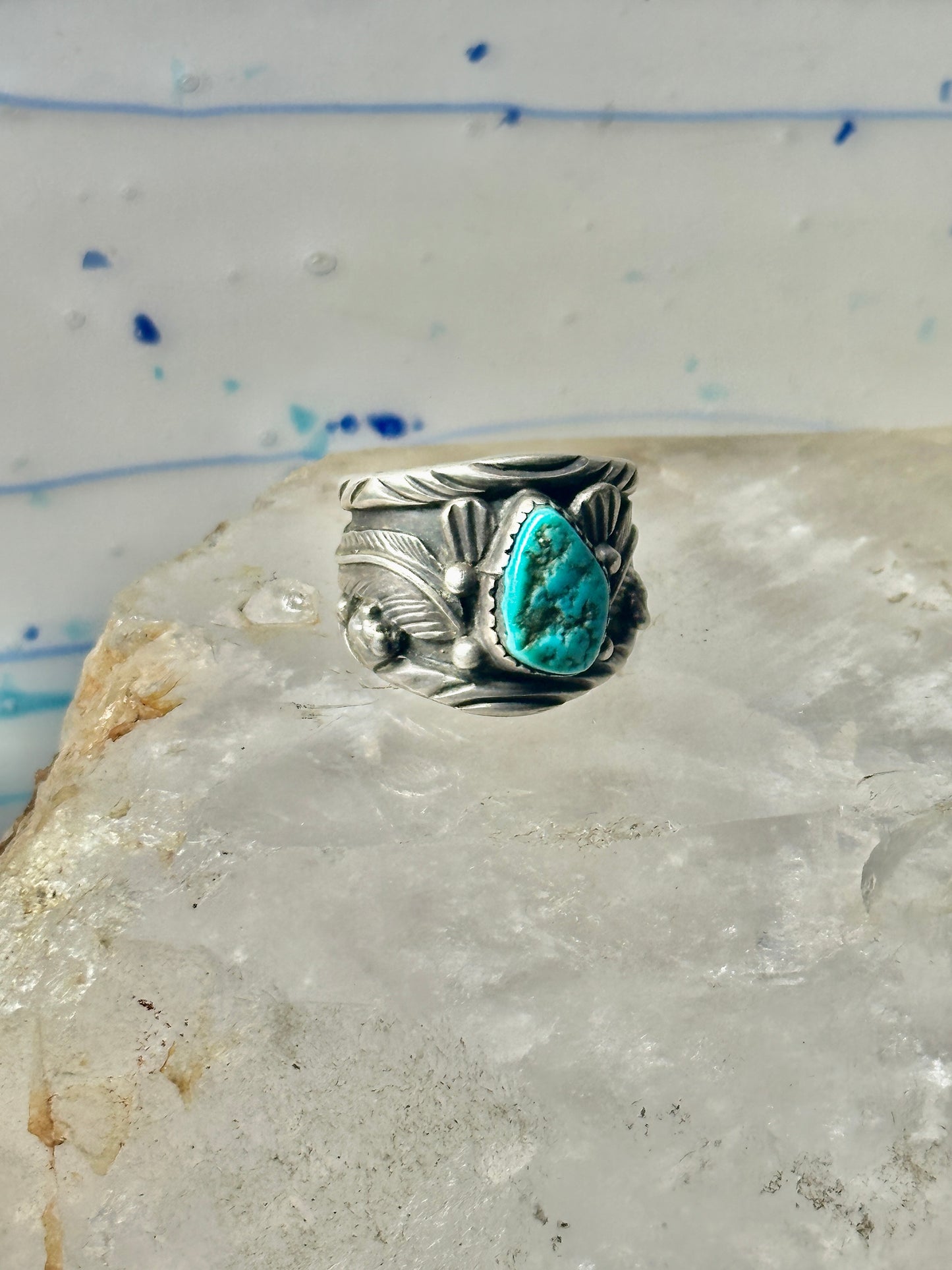 Long Navajo ring turquoise band leaves C. Lewis sterling silver size 8.2 women men