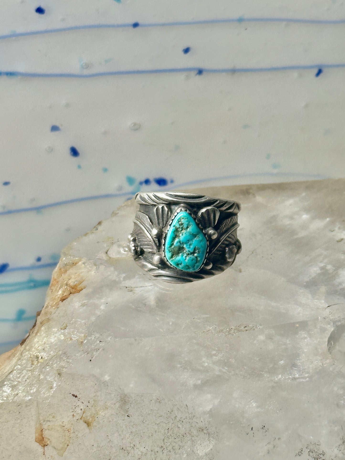 Long Navajo ring turquoise band leaves C. Lewis sterling silver size 8.2 women men