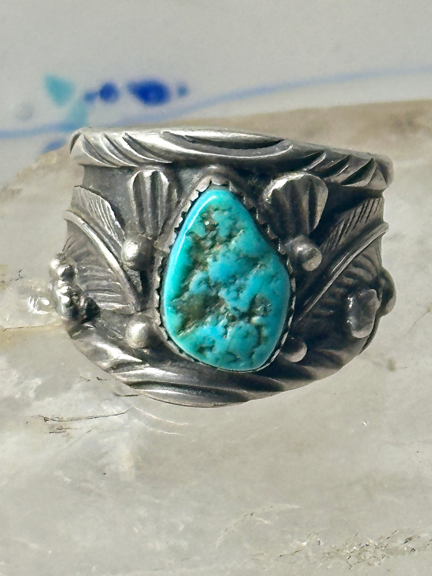 Long Navajo ring turquoise band leaves C. Lewis sterling silver size 8.2 women men