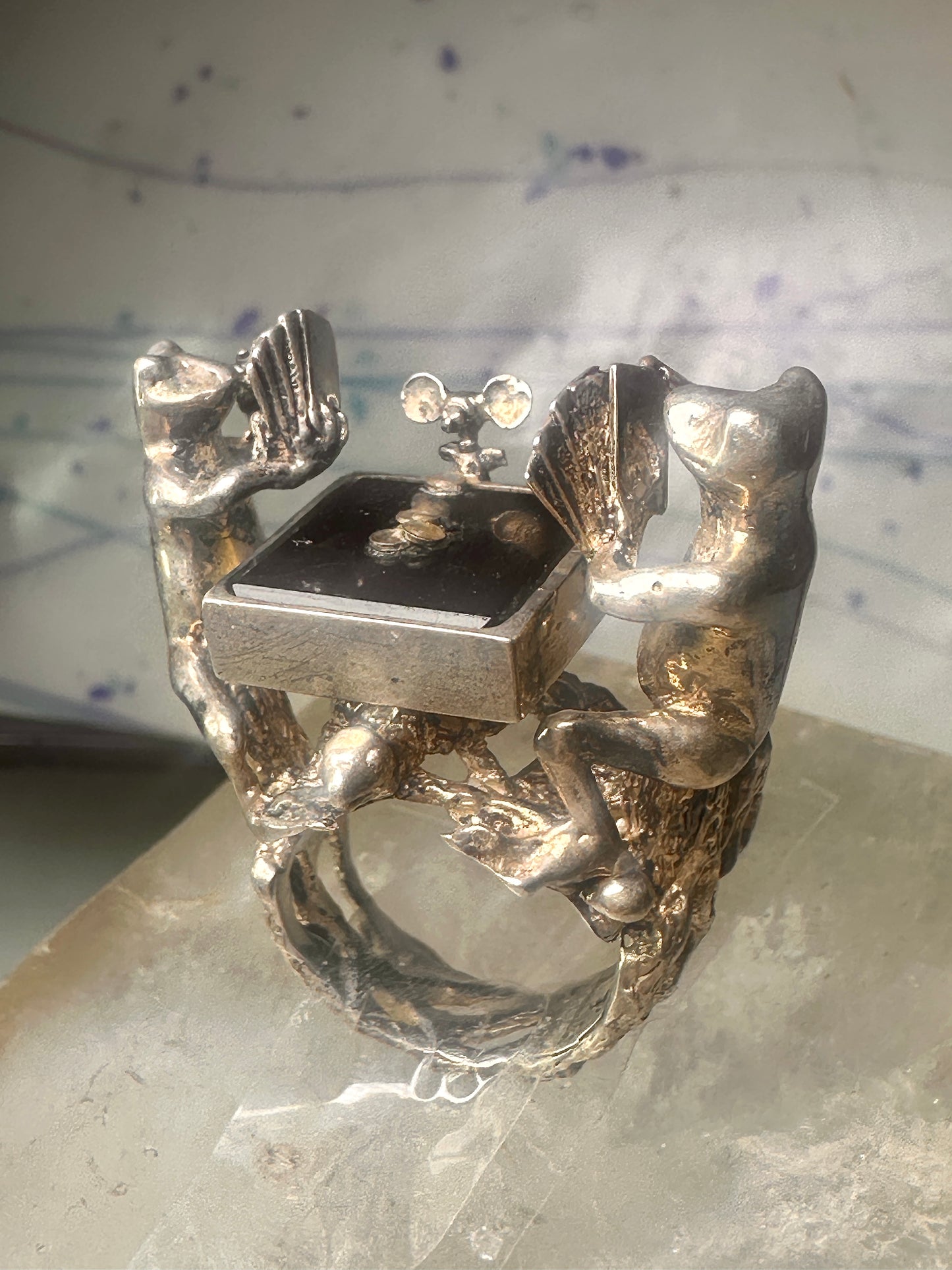 Frog ring Frogs Gambling Poker cards turtle tree mouse size 6.75 sterling silver women