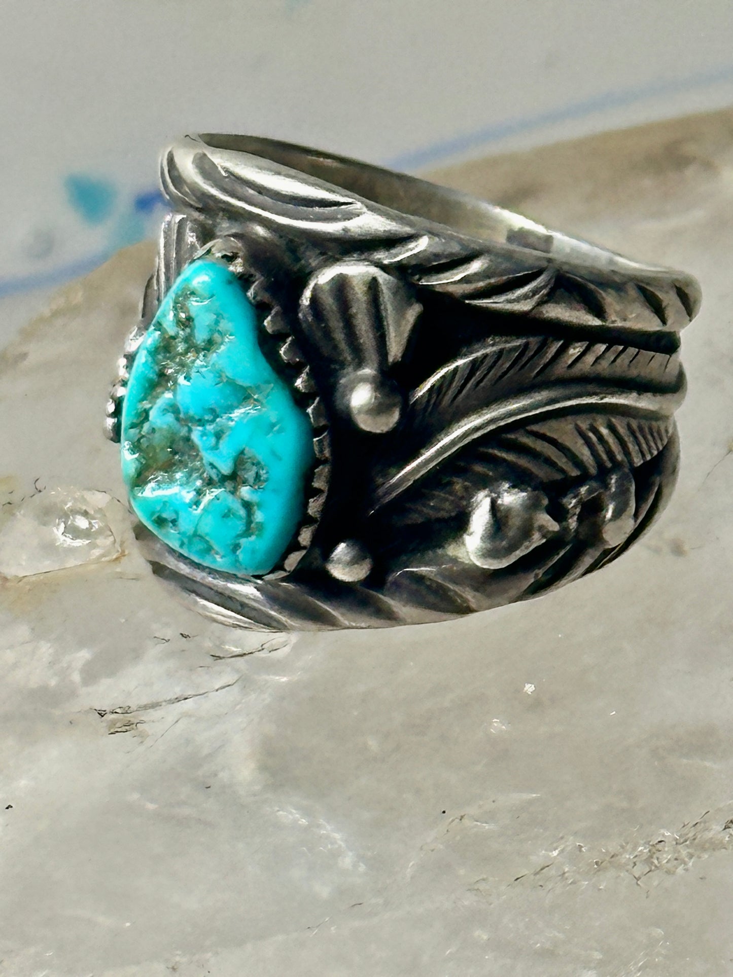Long Navajo ring turquoise band leaves C. Lewis sterling silver size 8.2 women men