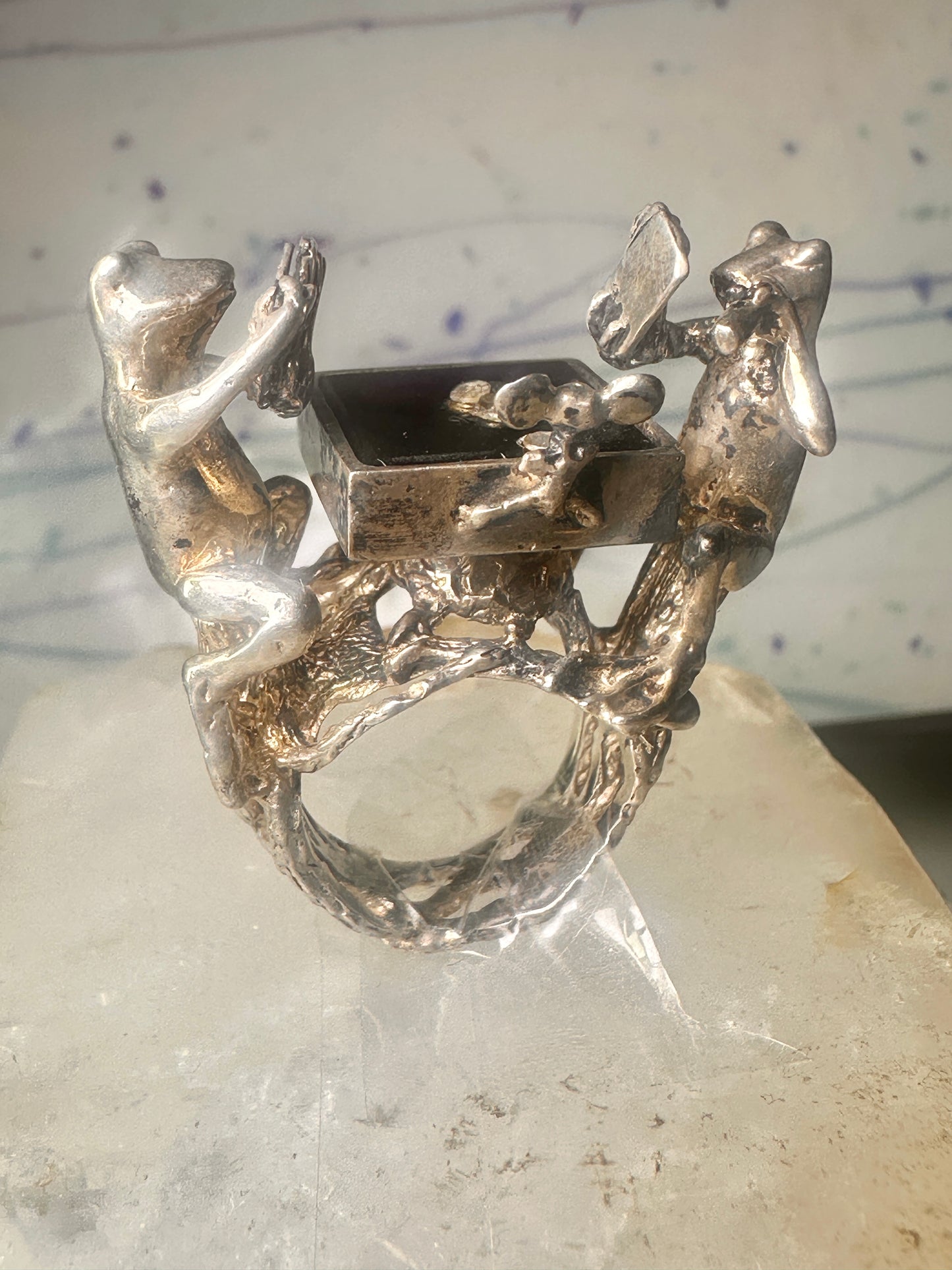 Frog ring Frogs Gambling Poker cards turtle tree mouse size 6.75 sterling silver women