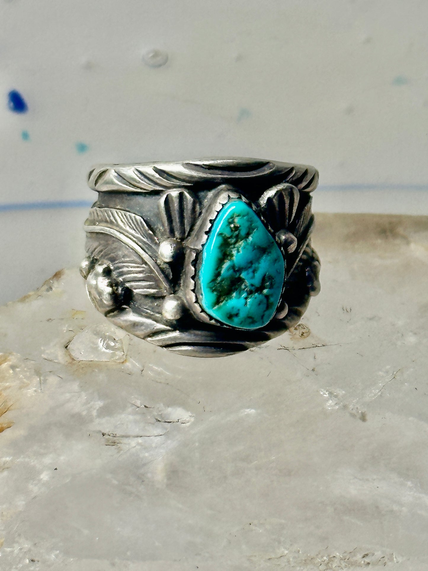 Long Navajo ring turquoise band leaves C. Lewis sterling silver size 8.2 women men