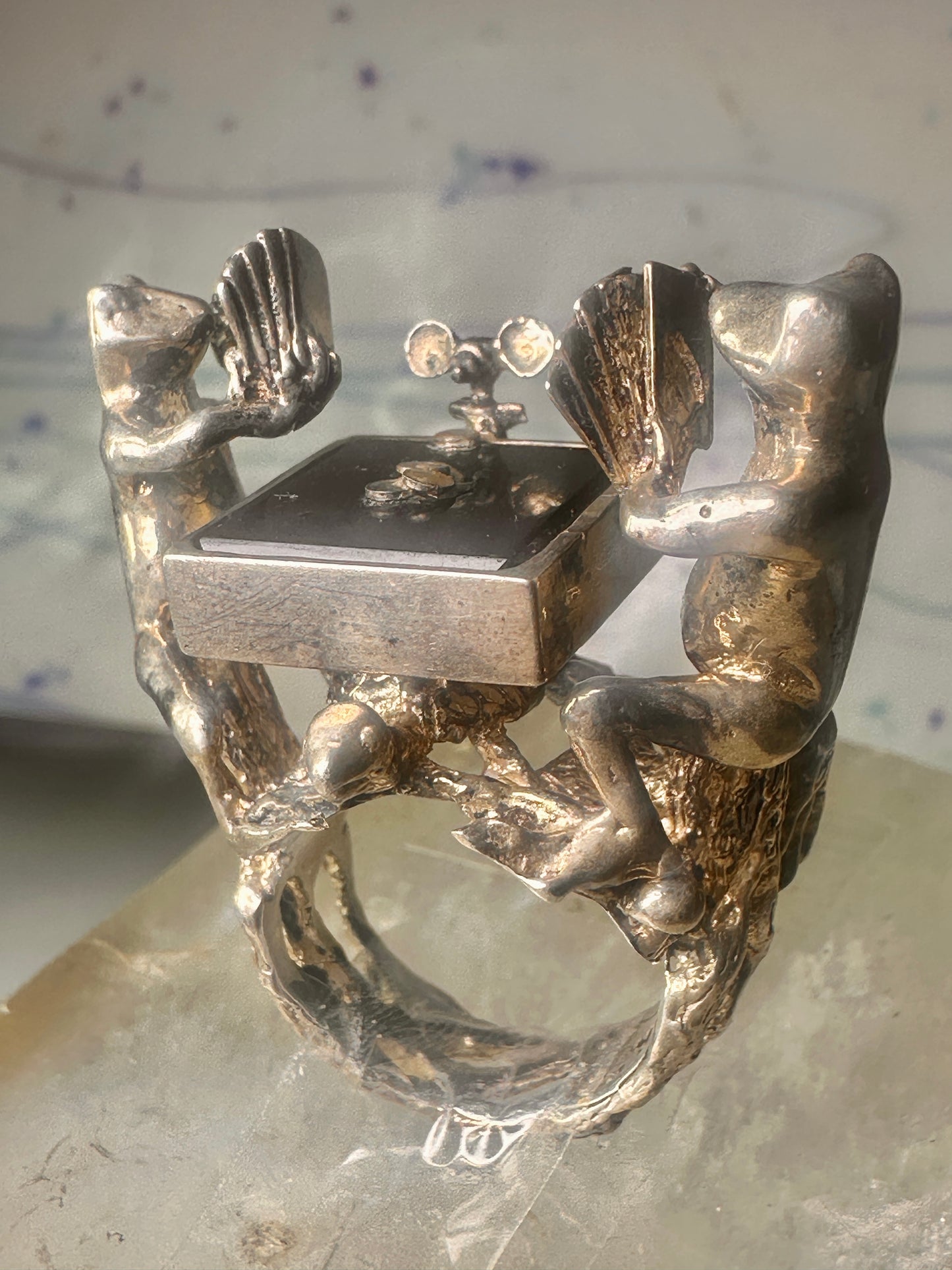 Frog ring Frogs Gambling Poker cards turtle tree mouse size 6.75 sterling silver women