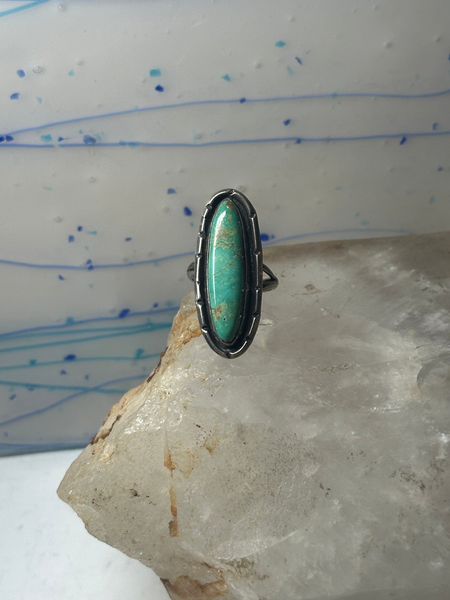 Long Navajo ring turquoise sterling silver size 8.50 women