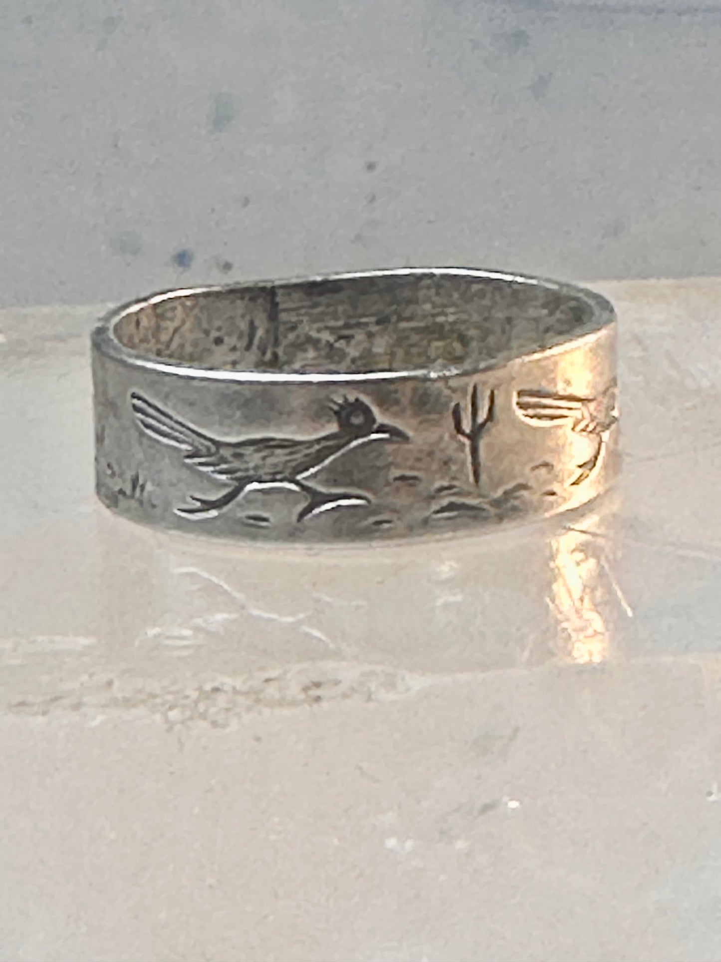 Road Runner ring cactus Bell Co Navajo artists band ring size 5.5 Sterling silver women