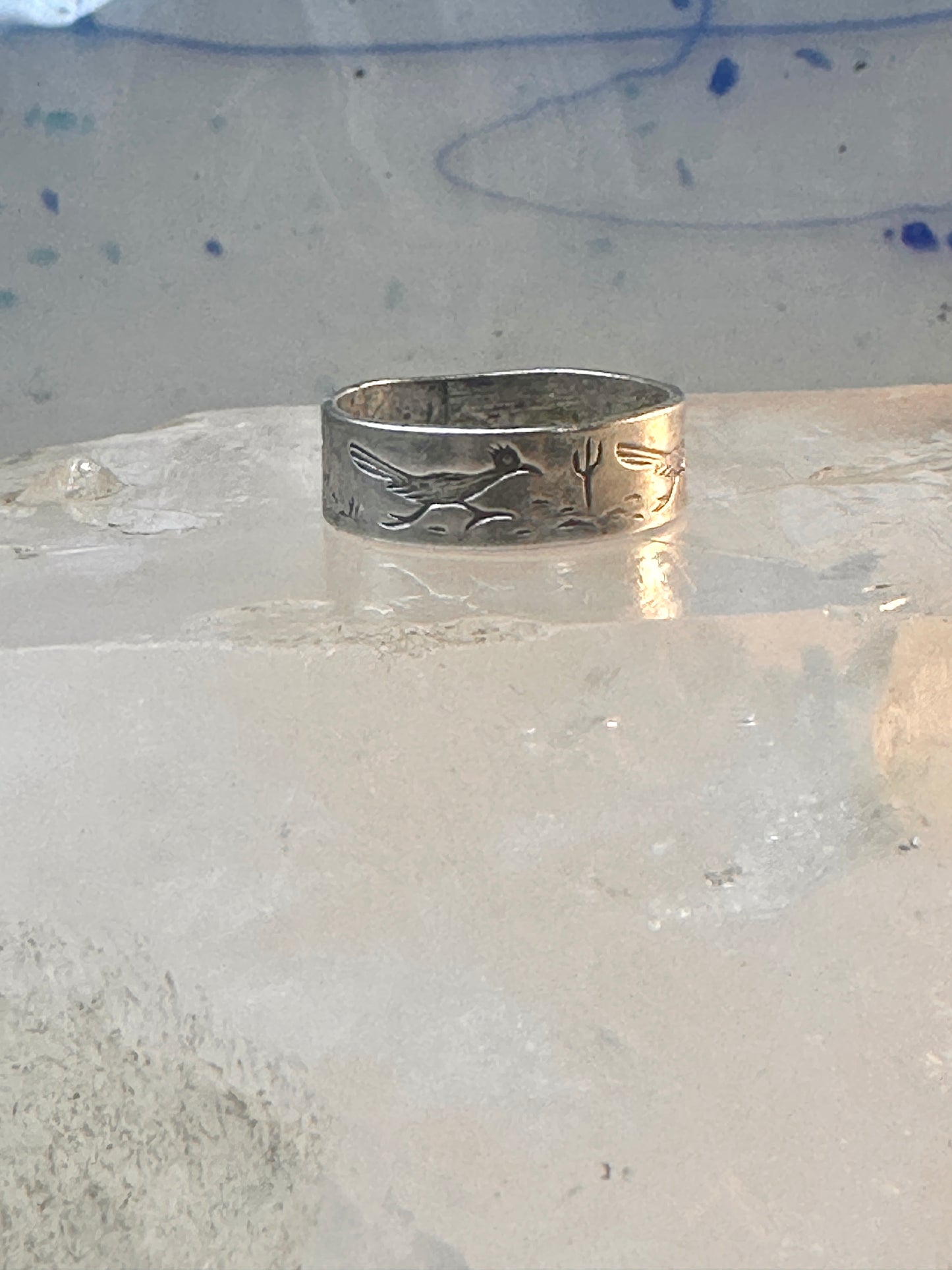 Road Runner ring cactus Bell Co Navajo artists band ring size 5.5 Sterling silver women