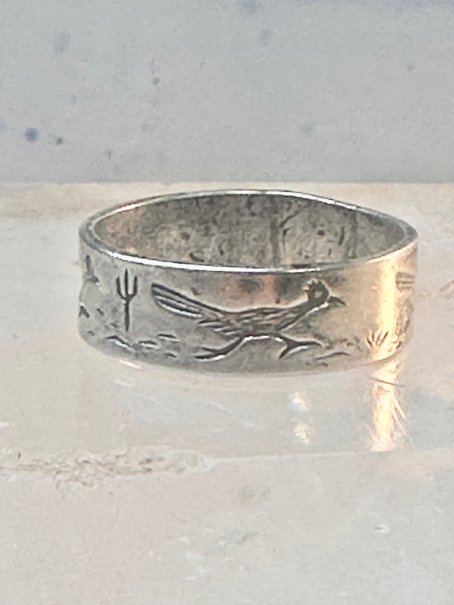 Road Runner ring cactus Bell Co Navajo artists band ring size 5.5 Sterling silver women