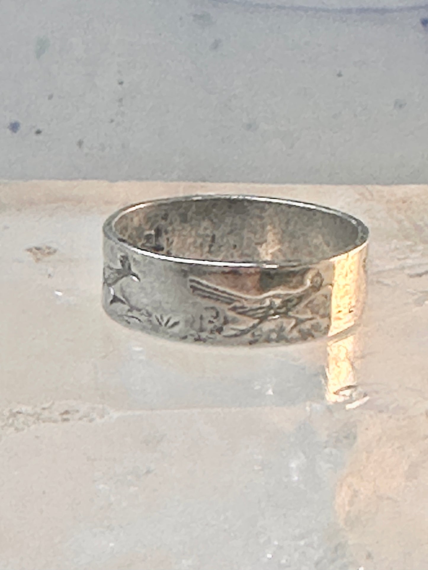 Road Runner ring cactus Bell Co Navajo artists band ring size 5.5 Sterling silver women