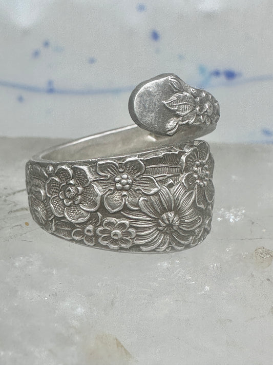 Spoon ring floral band size 7 Alvin flowers band sterling silver women