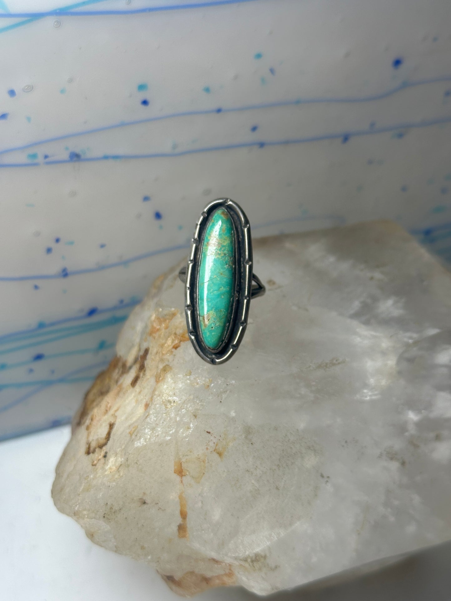 Long Navajo ring turquoise sterling silver size 8.50 women