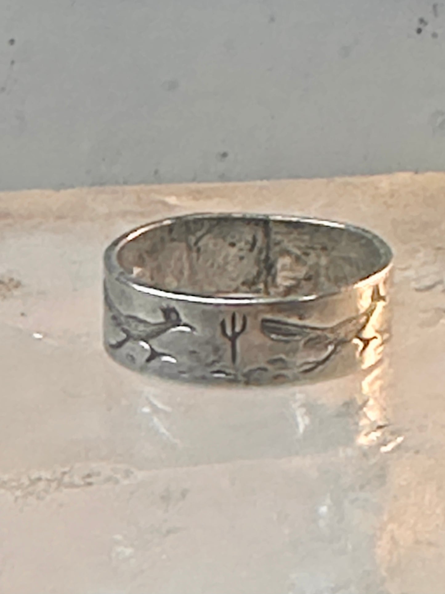 Road Runner ring cactus Bell Co Navajo artists band ring size 5.5 Sterling silver women