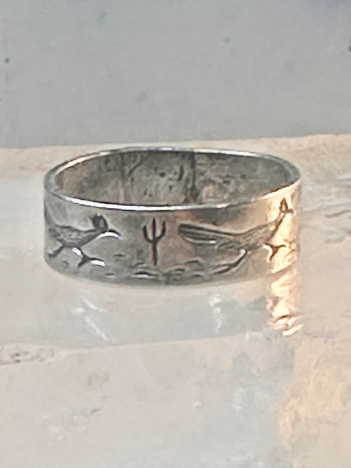 Road Runner ring cactus Bell Co Navajo artists band ring size 5.5 Sterling silver women