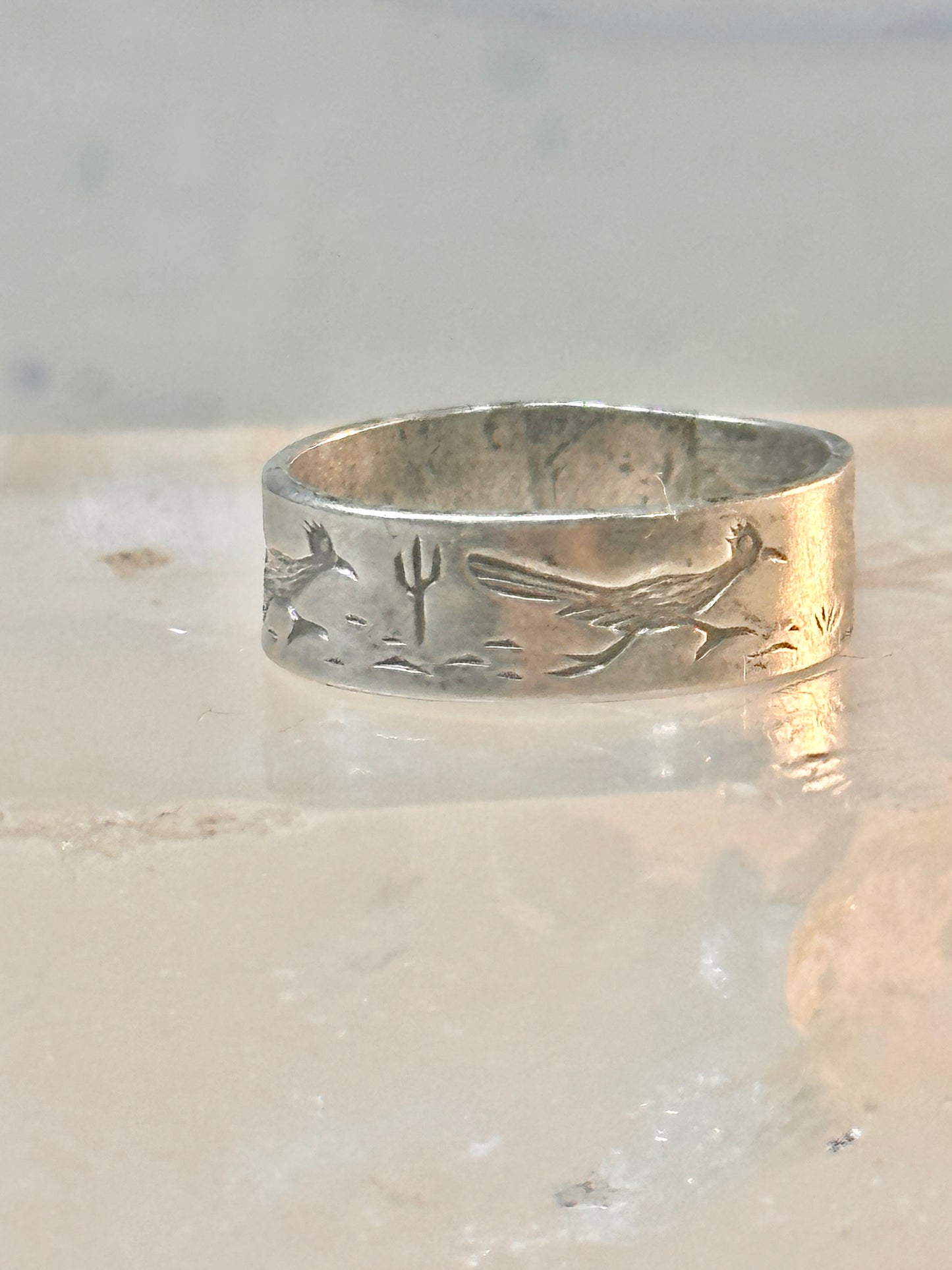 Road Runner ring cactus Bell Co Navajo artists band ring size 5.5 Sterling silver women