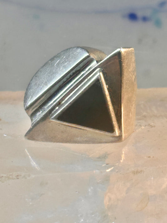 Onyx ring brutalist size 5 architectural  modernist band sterling silver women
