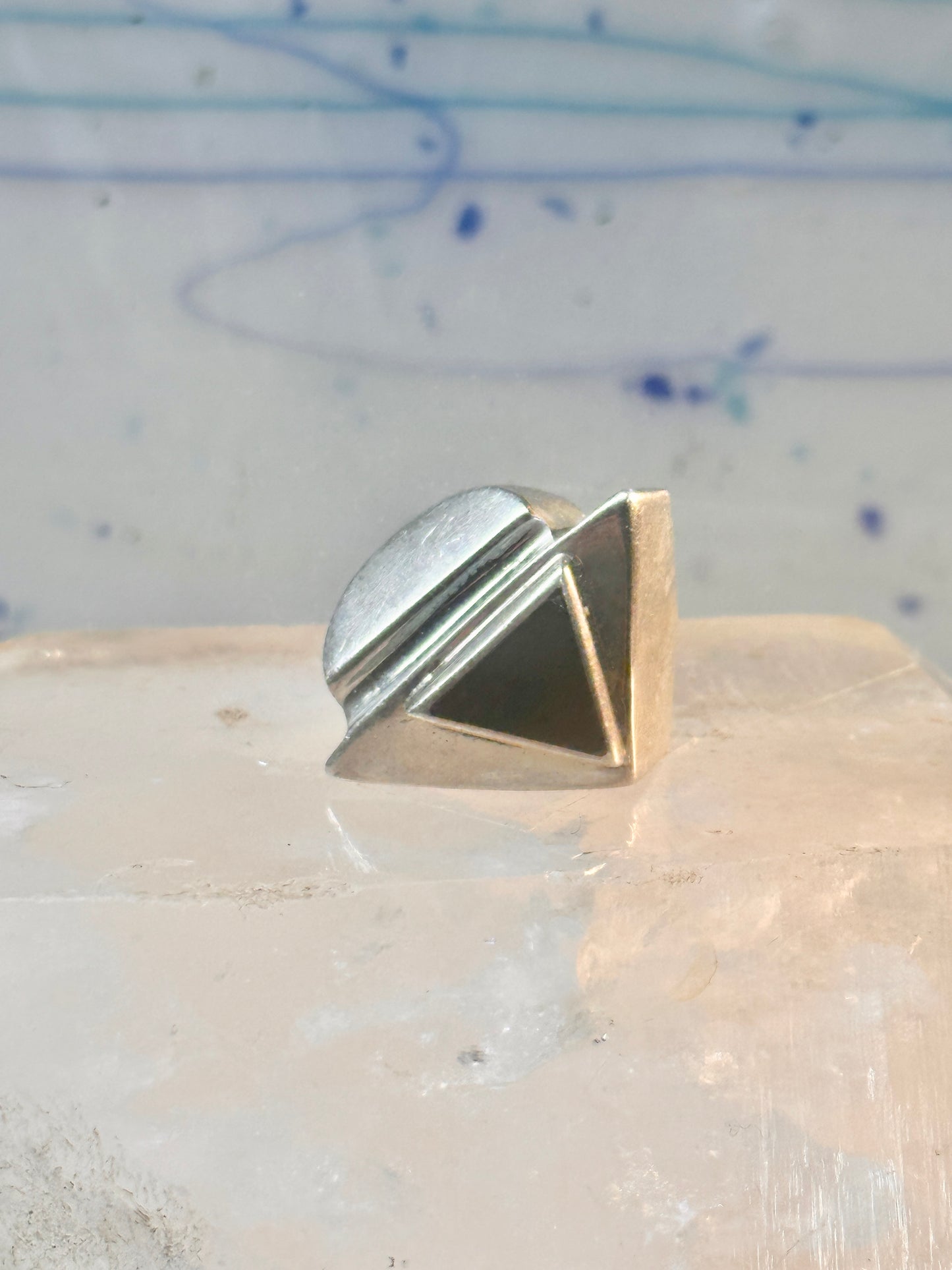 Onyx ring brutalist size 5 architectural  modernist band sterling silver women