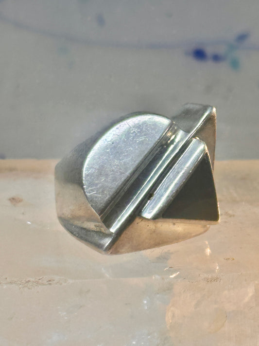 Onyx ring brutalist size 5 architectural  modernist band sterling silver women