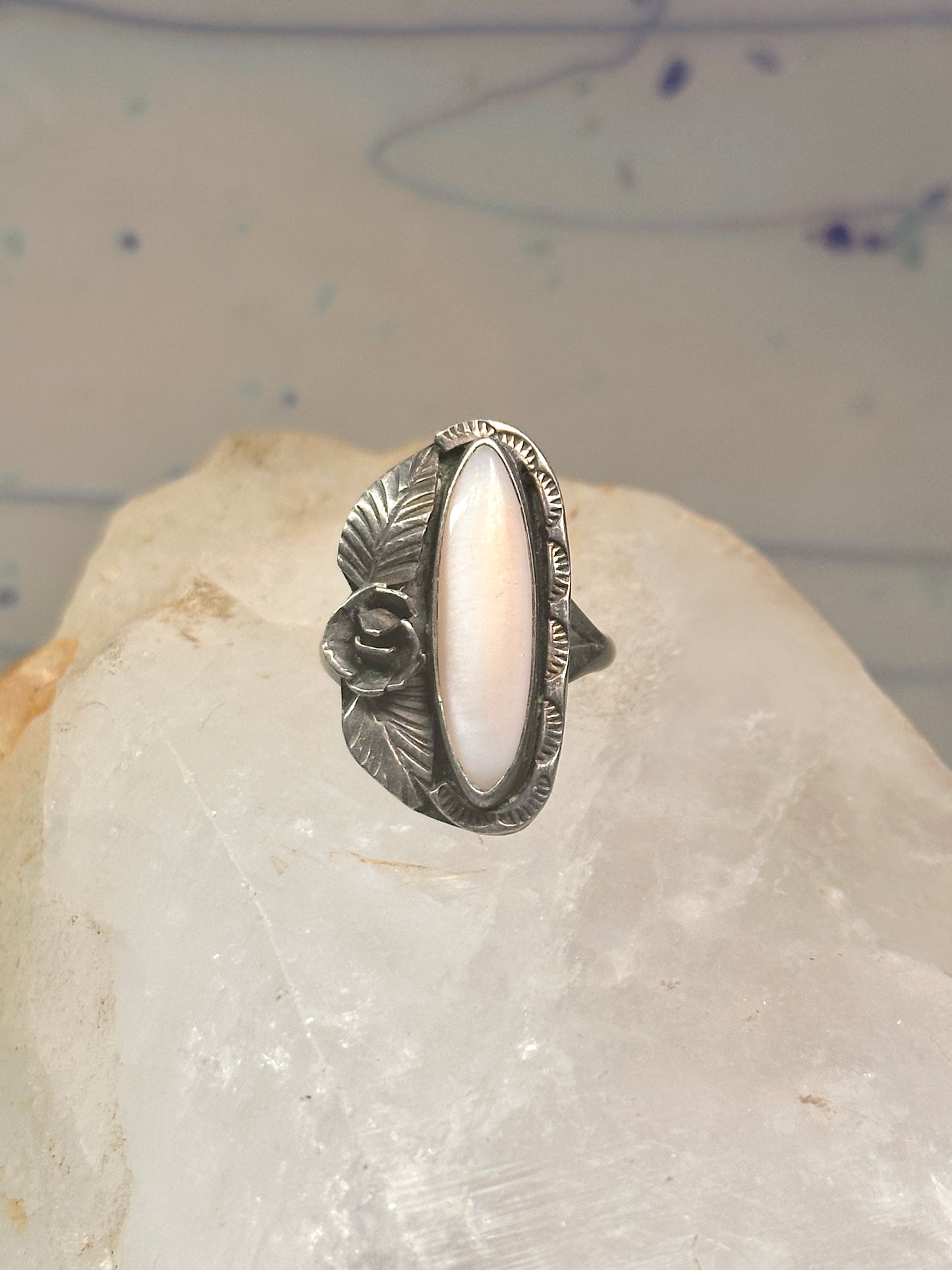 Long Mother of Pearl ring Navajo feather size 5.50 sterling silver women