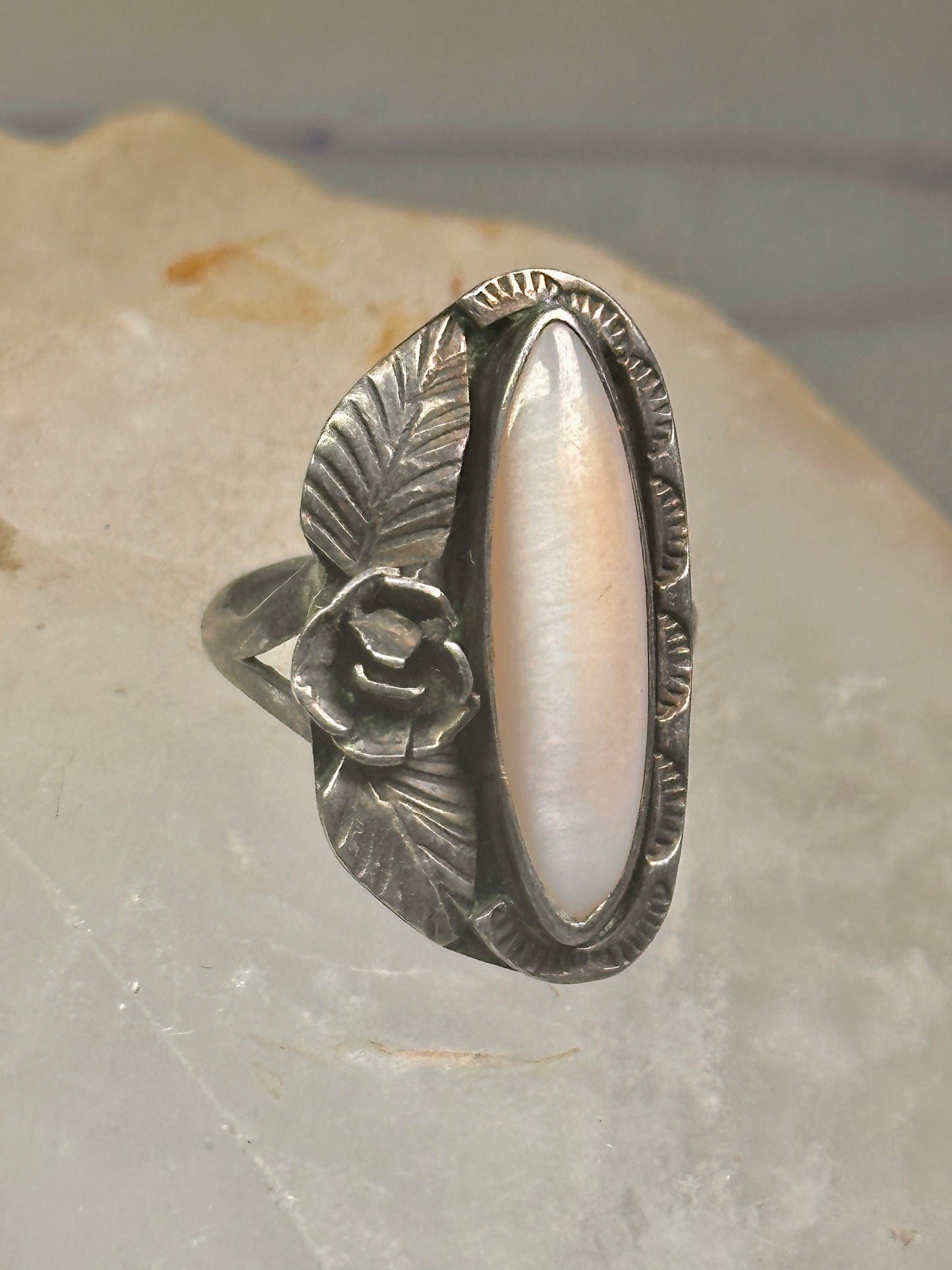 Long Mother of Pearl ring Navajo feather size 5.50 sterling silver women