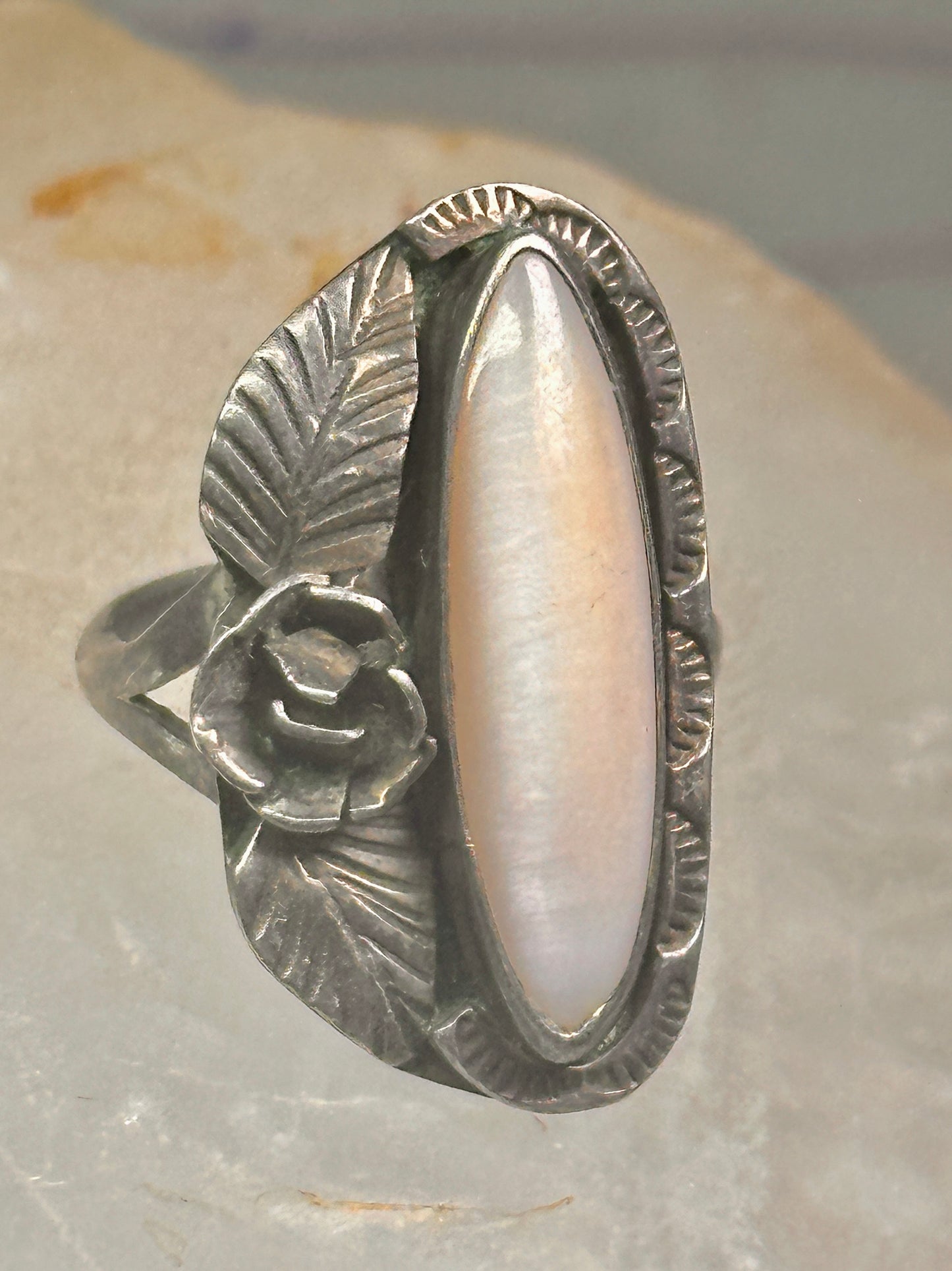 Long Mother of Pearl ring Navajo feather size 5.50 sterling silver women