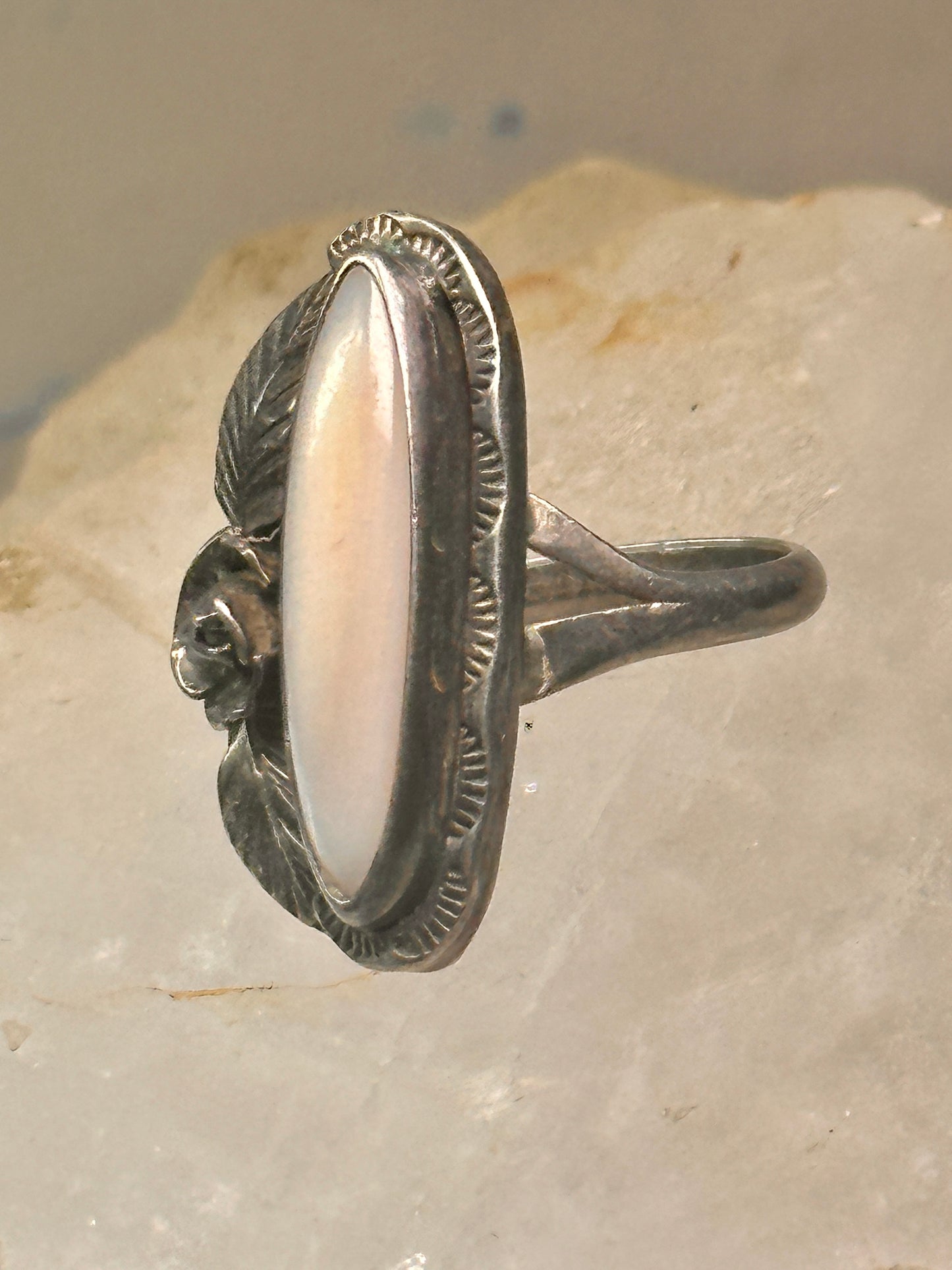 Long Mother of Pearl ring Navajo feather size 5.50 sterling silver women