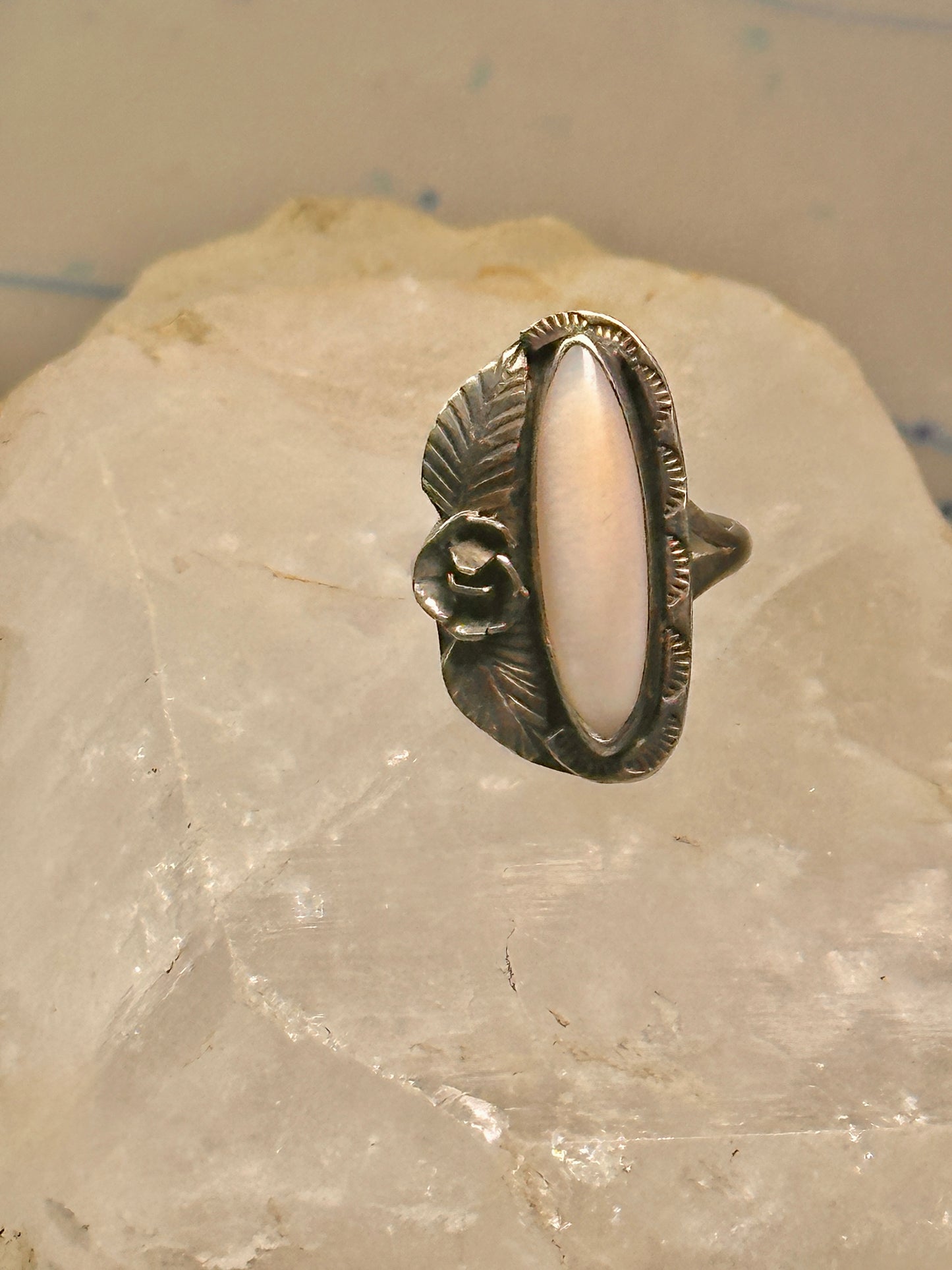 Long Mother of Pearl ring Navajo feather size 5.50 sterling silver women