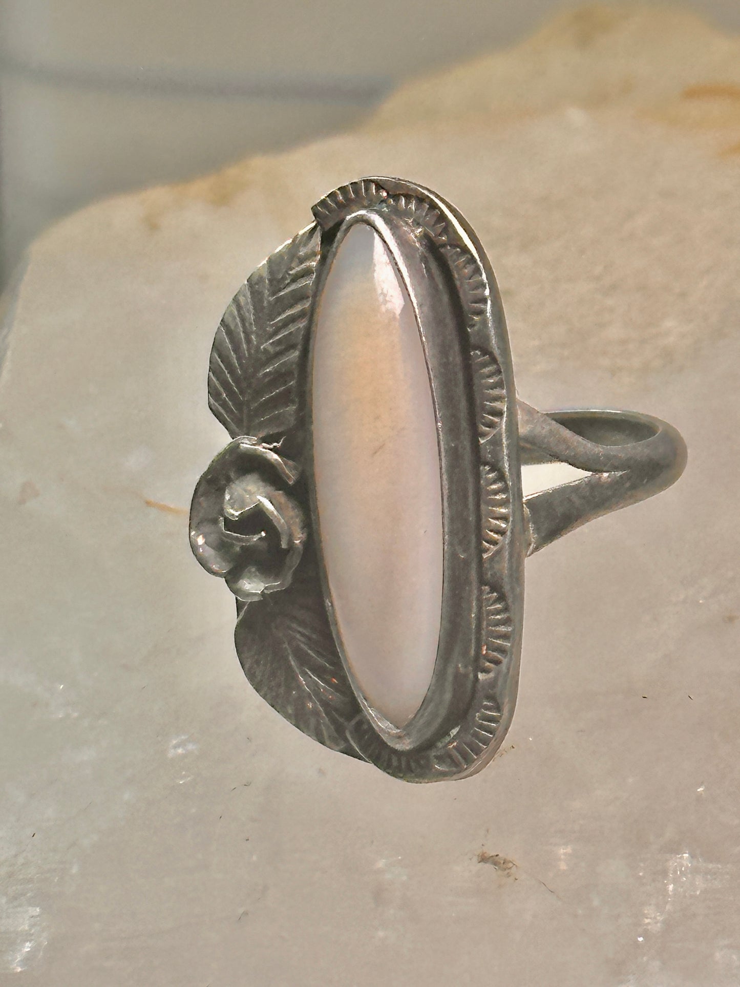 Long Mother of Pearl ring Navajo feather size 5.50 sterling silver women