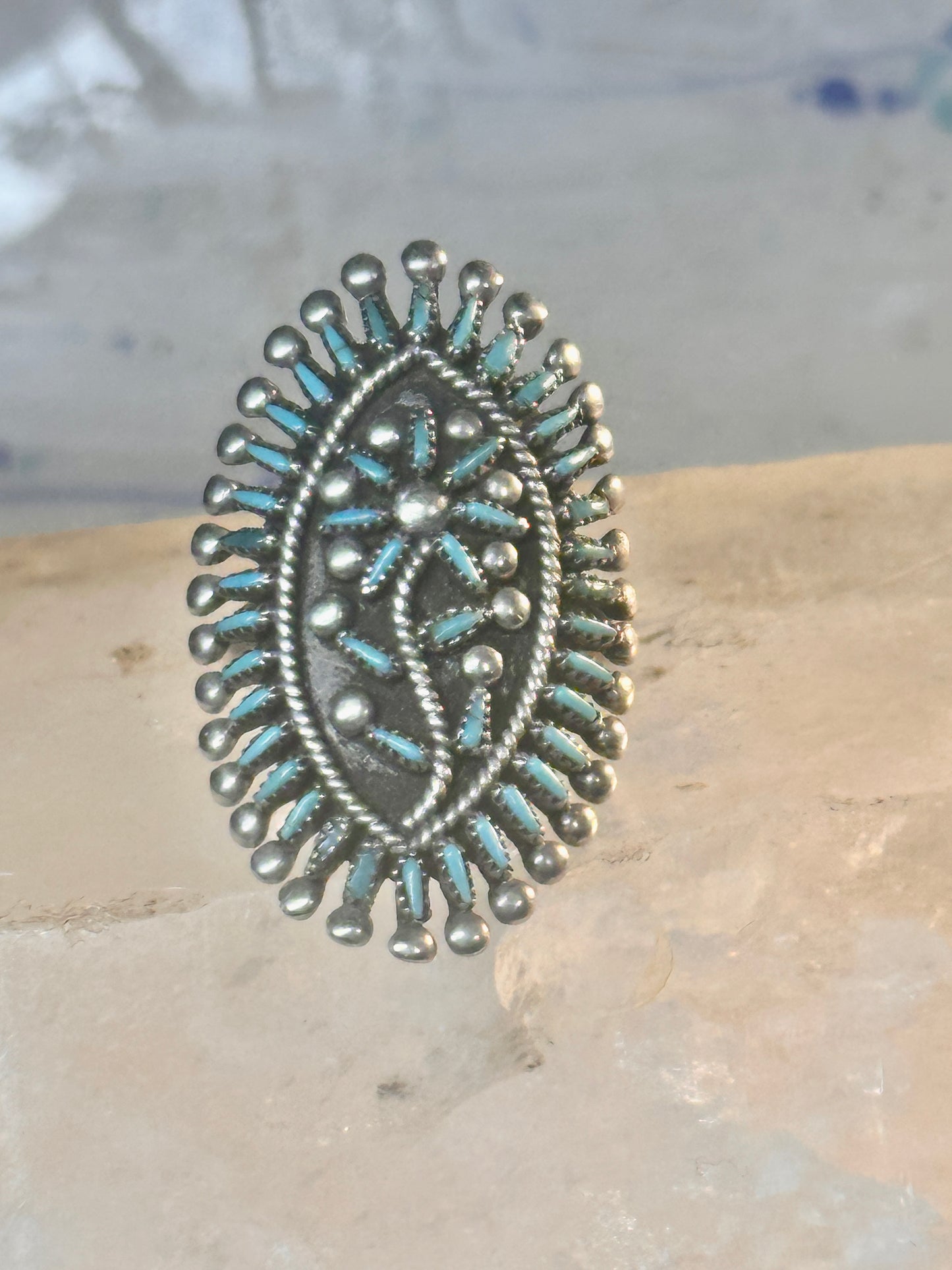 Zuni ring long turquoise flower petite point ring size 6.7 Sterling silver women