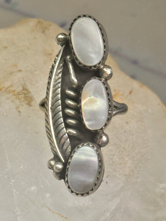 Mother of pearl ring Navajo feather long 3 stone size 6 sterling silver women