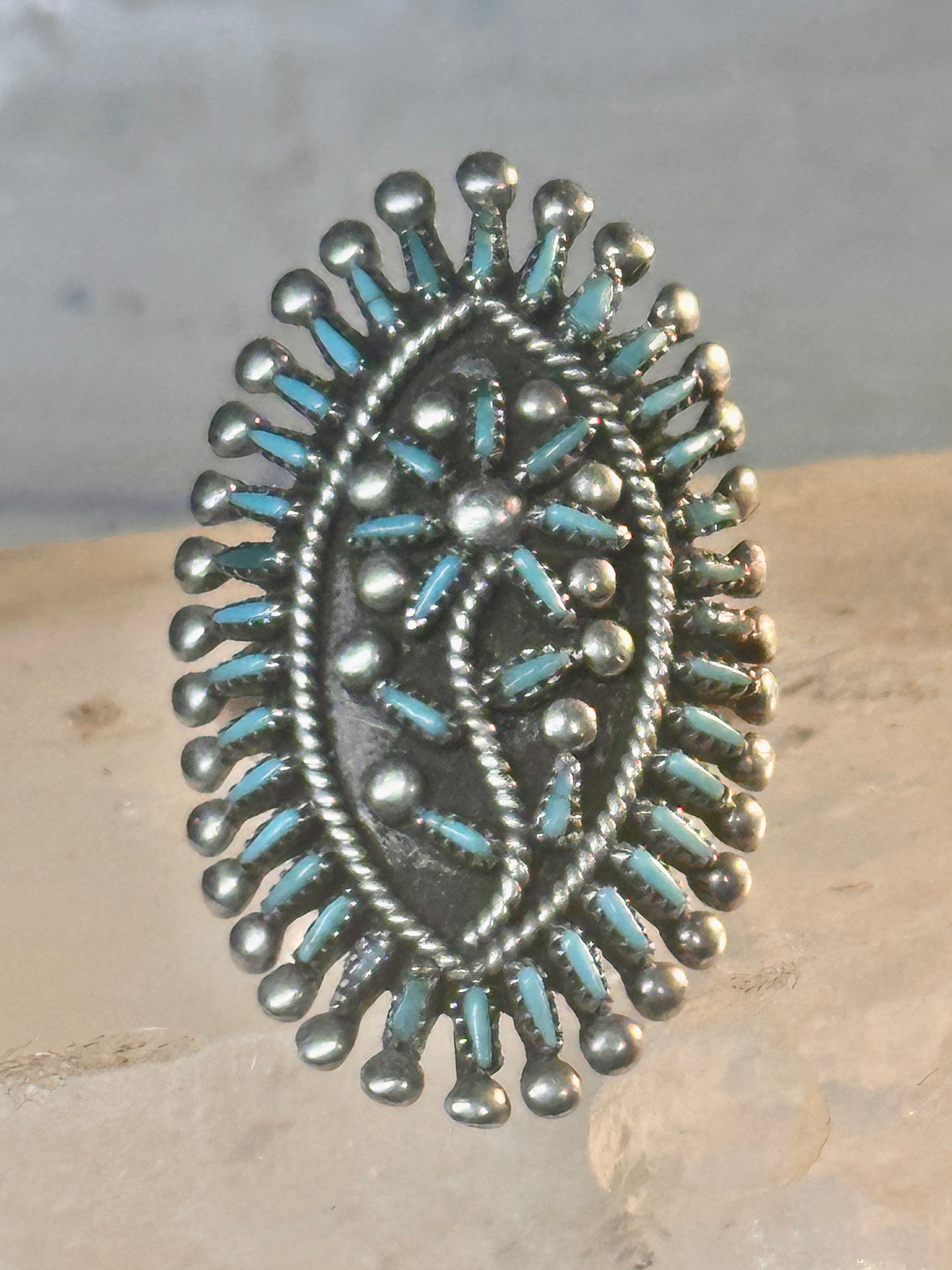 Zuni ring long turquoise flower petite point ring size 6.7 Sterling silver women