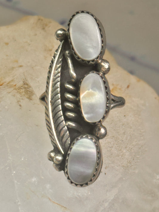 Mother of pearl ring Navajo feather long 3 stone size 6 sterling silver women