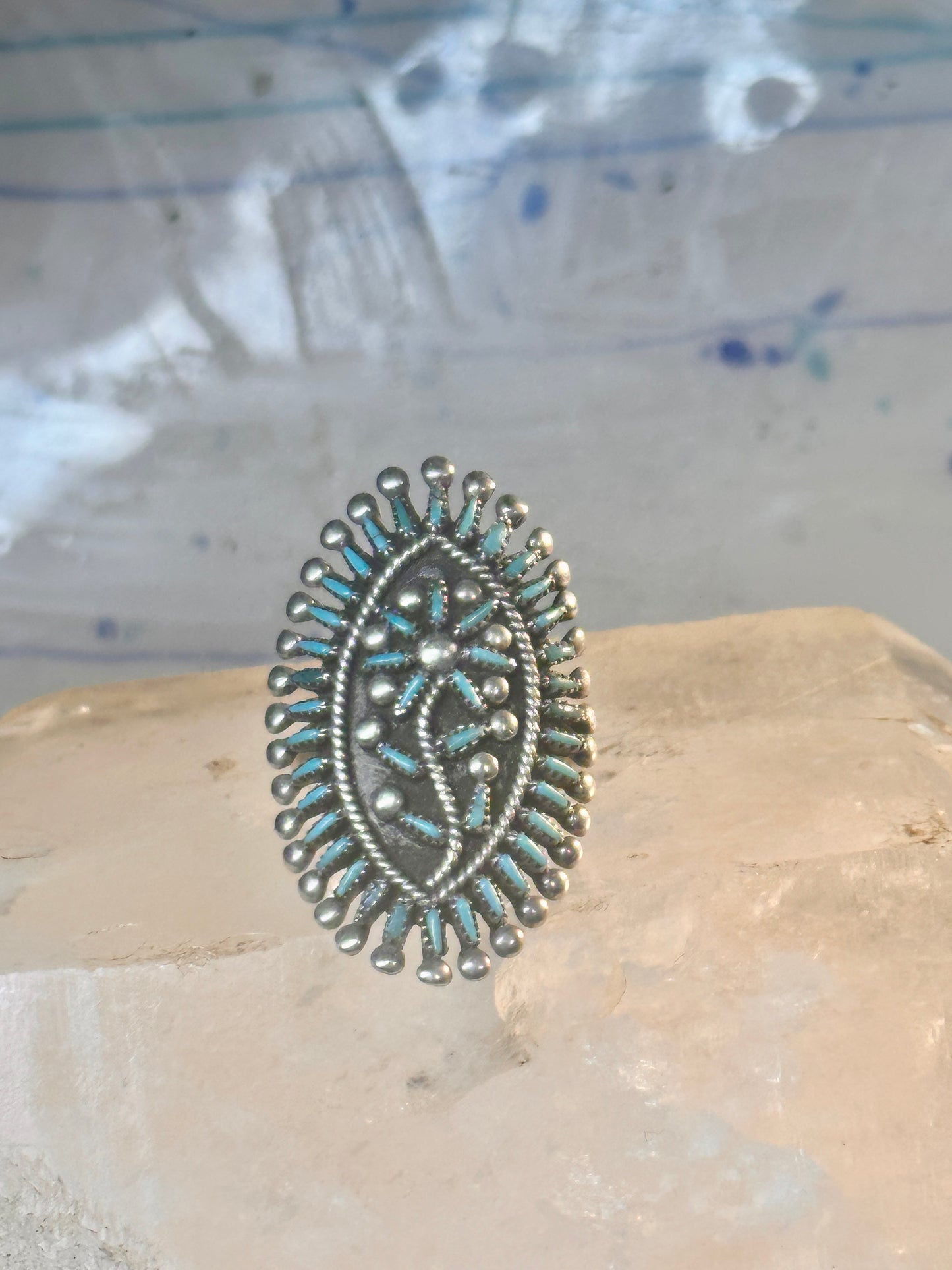 Zuni ring long turquoise flower petite point ring size 6.7 Sterling silver women