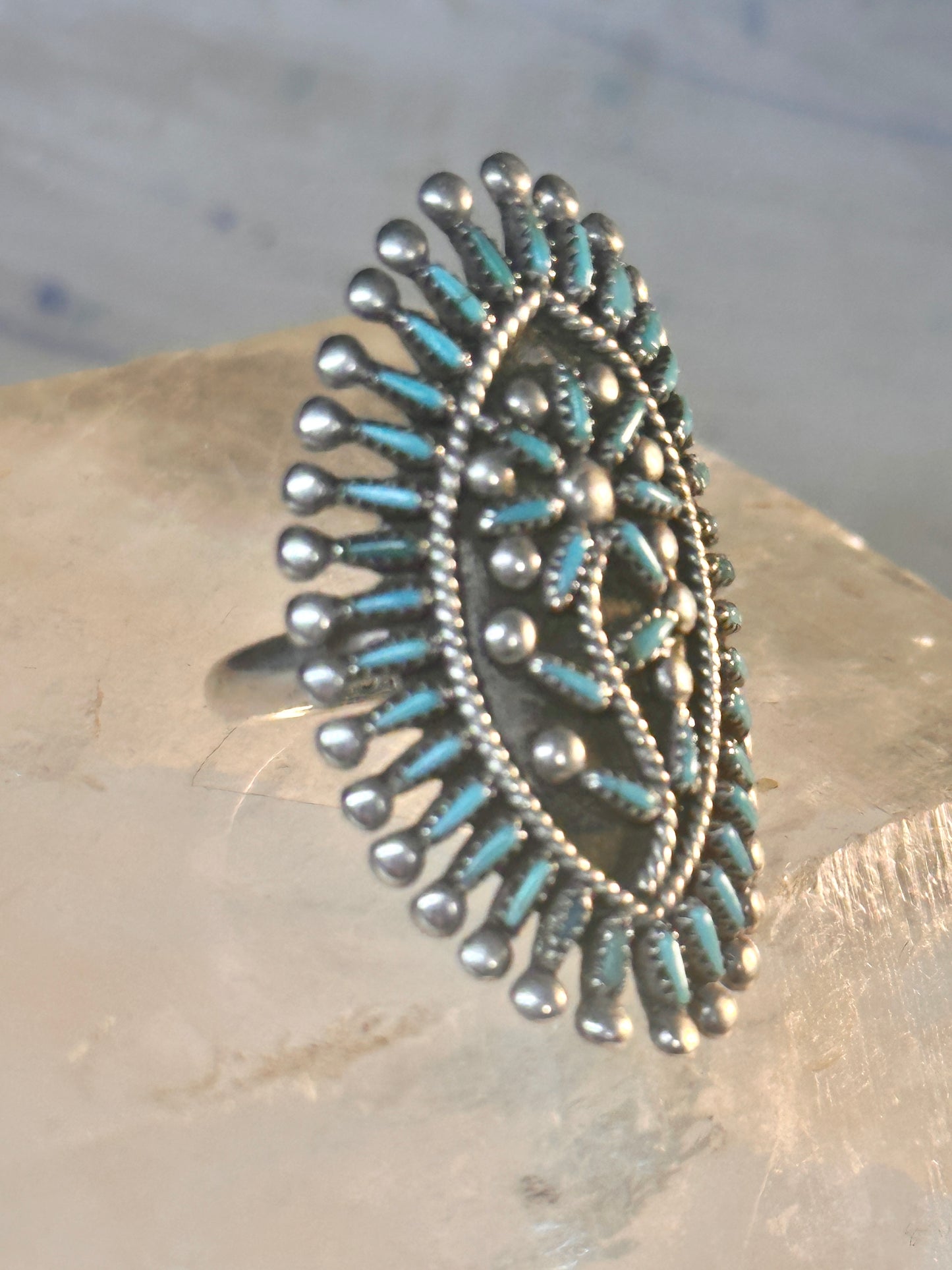 Zuni ring long turquoise flower petite point ring size 6.7 Sterling silver women