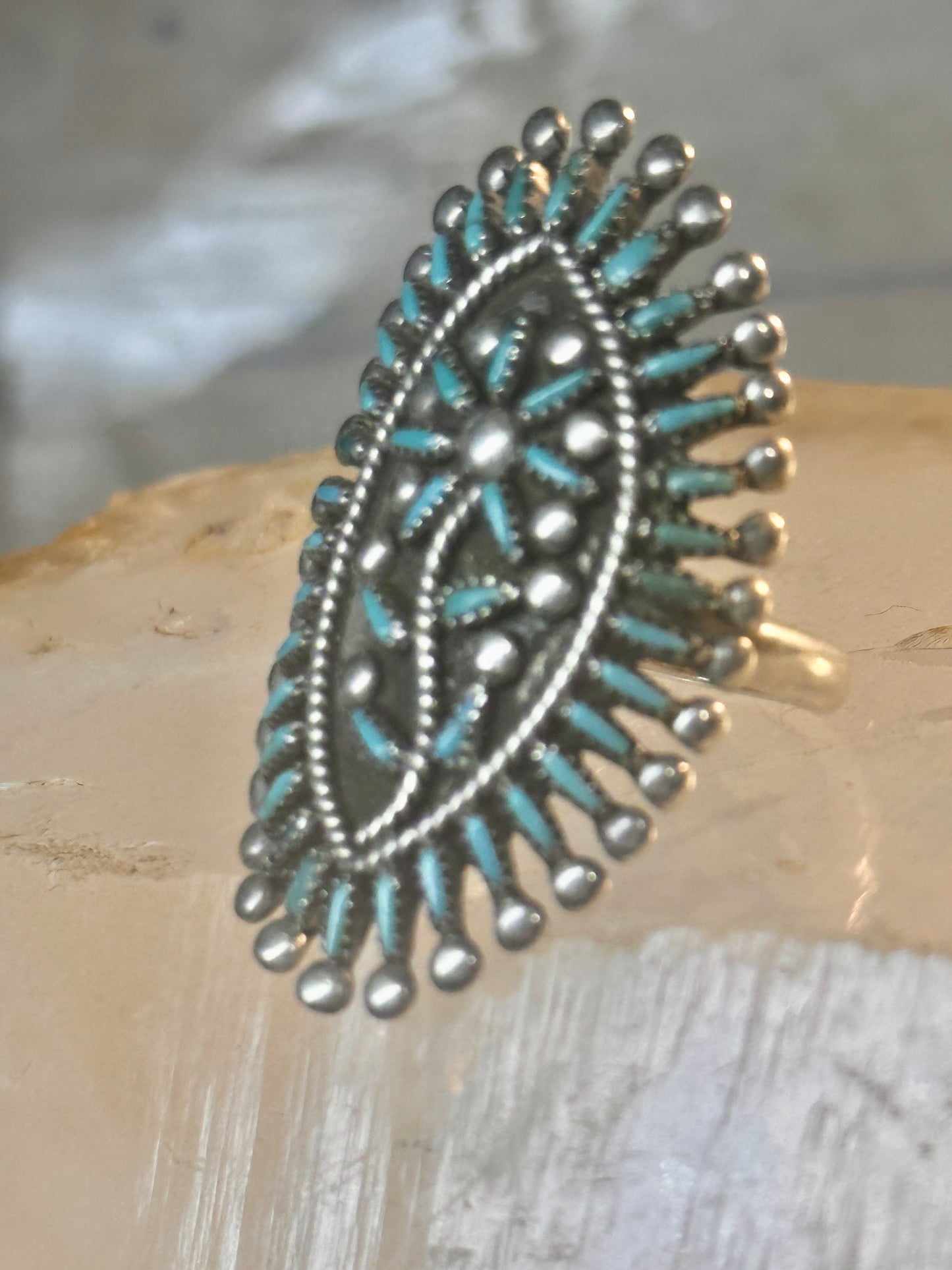 Zuni ring long turquoise flower petite point ring size 6.7 Sterling silver women
