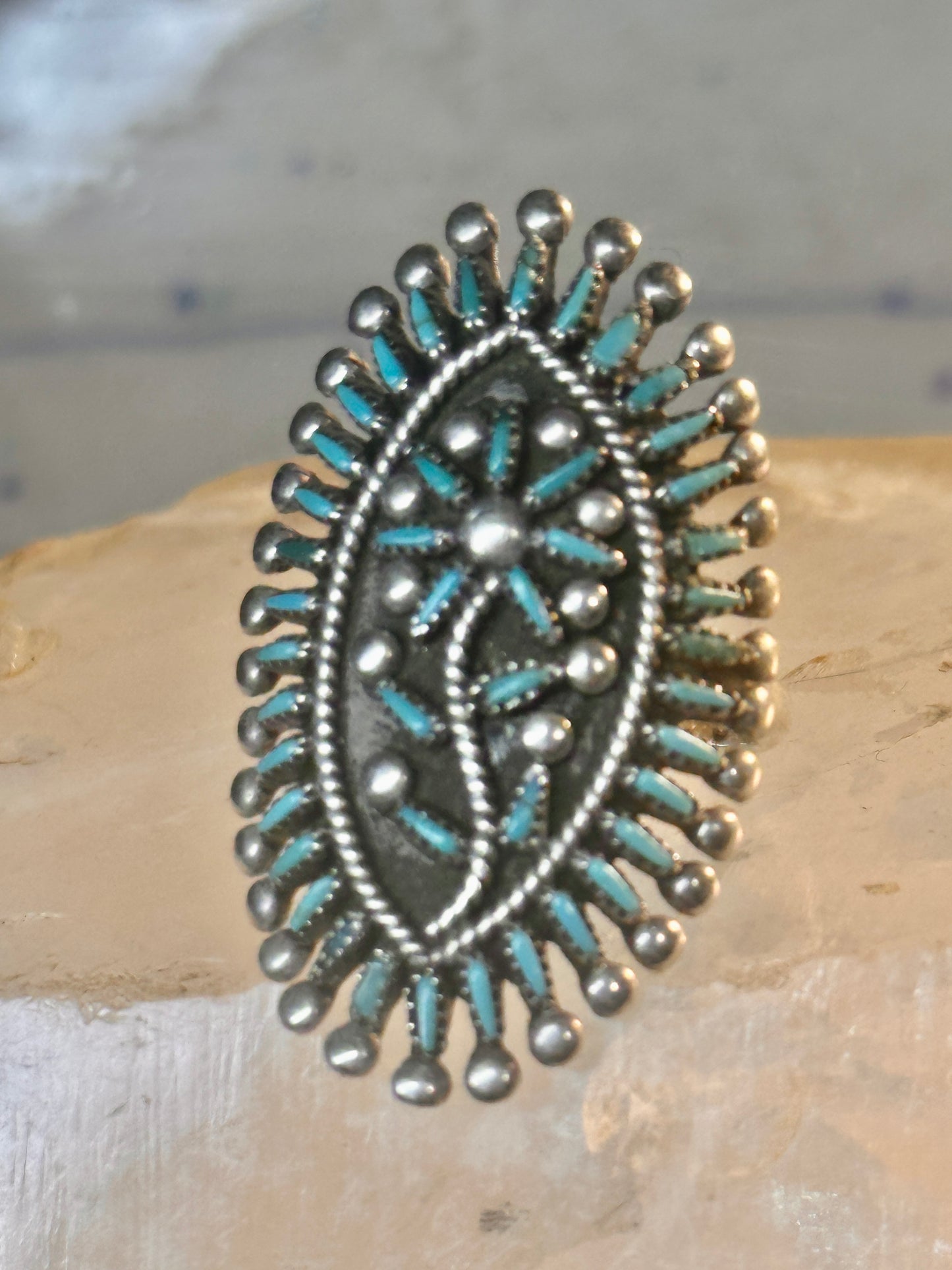 Zuni ring long turquoise flower petite point ring size 6.7 Sterling silver women