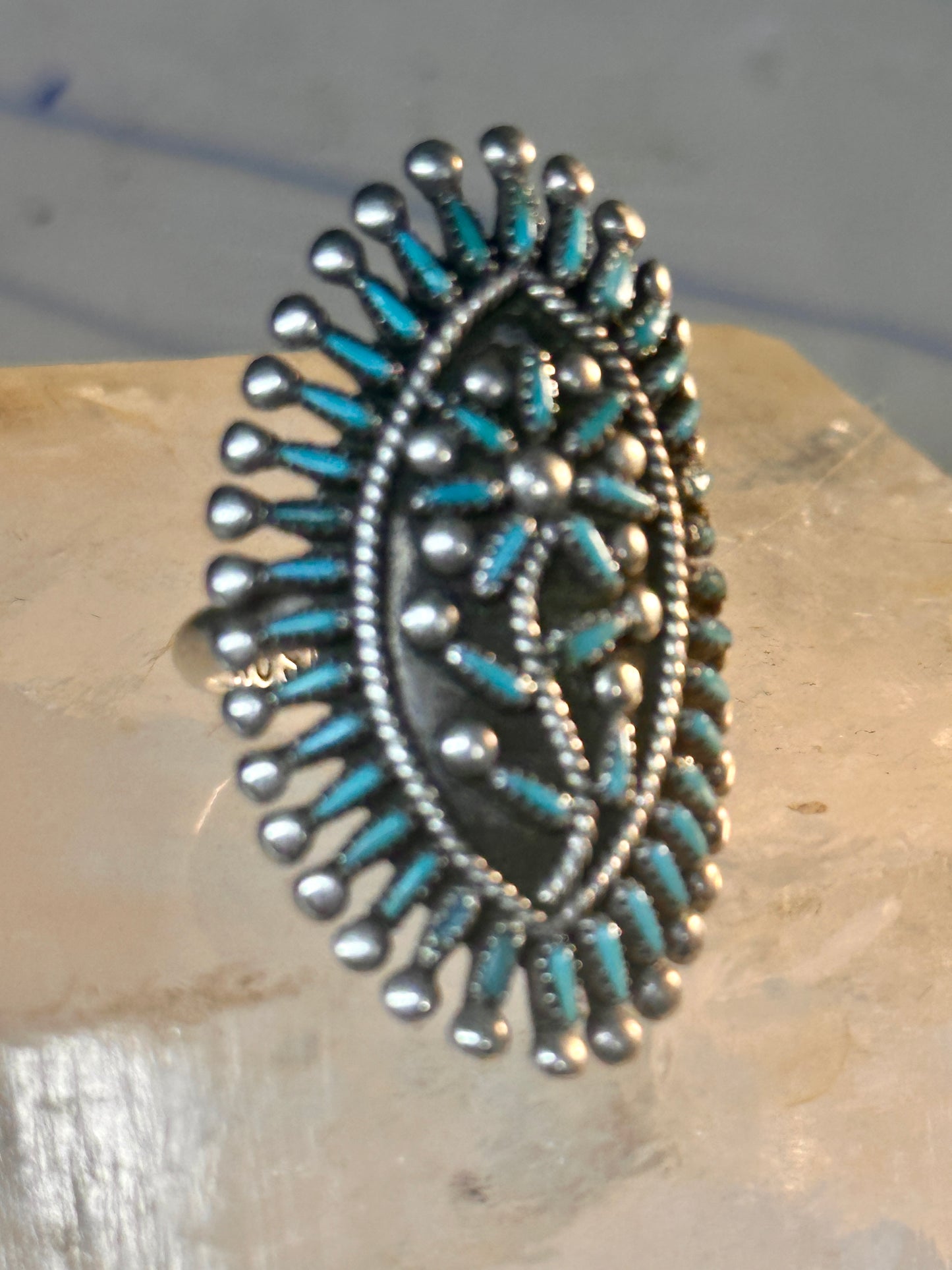 Zuni ring long turquoise flower petite point ring size 6.7 Sterling silver women