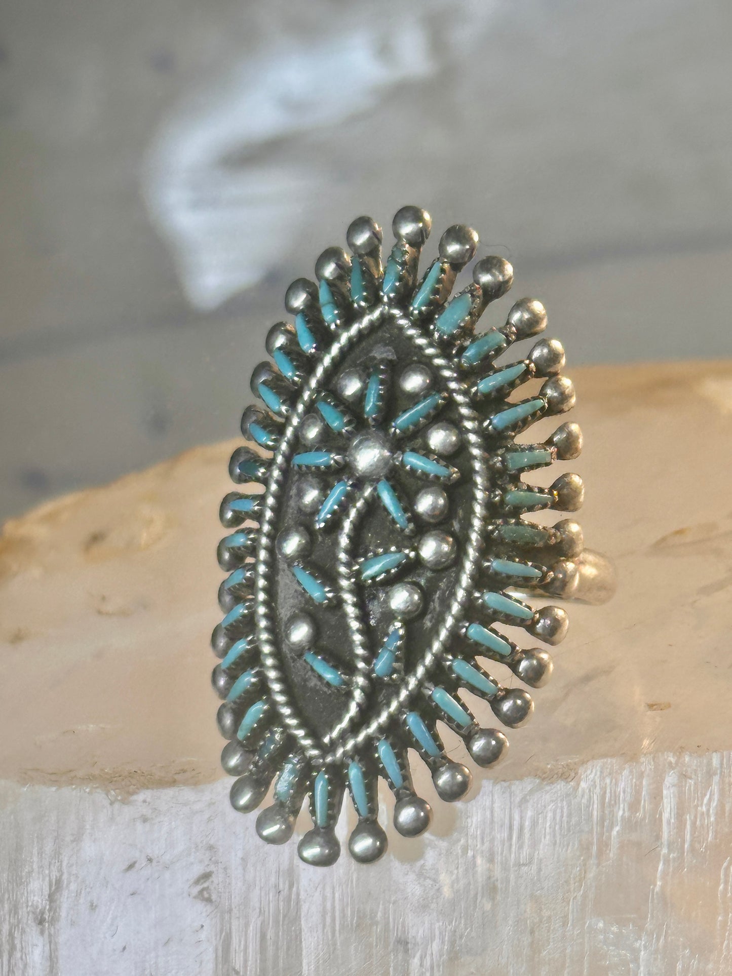 Zuni ring long turquoise flower petite point ring size 6.7 Sterling silver women