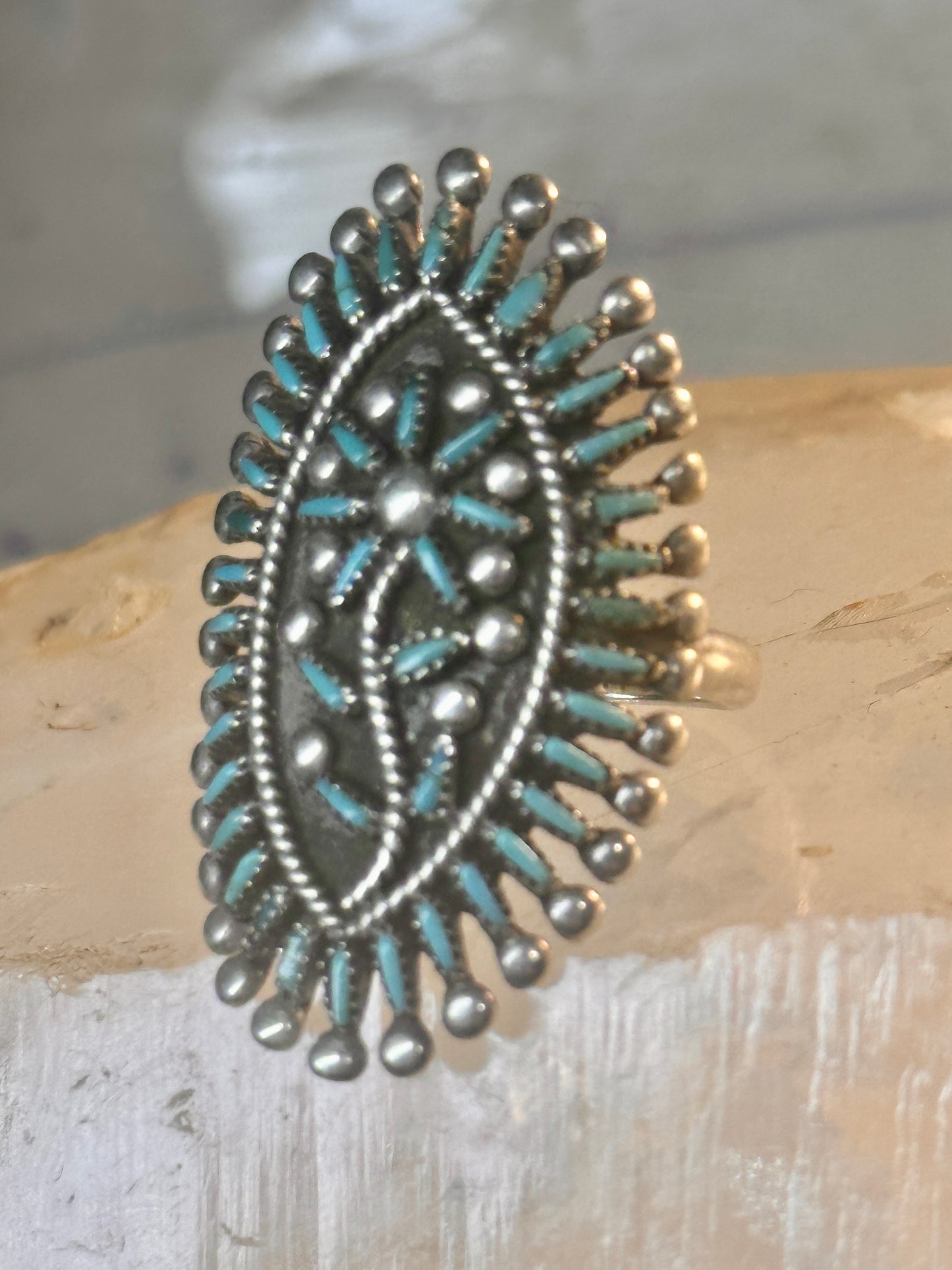 Zuni ring long turquoise flower petite point ring size 6.7 Sterling silver women