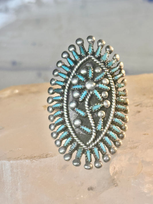 Zuni ring long turquoise flower petite point ring size 6.7 Sterling silver women
