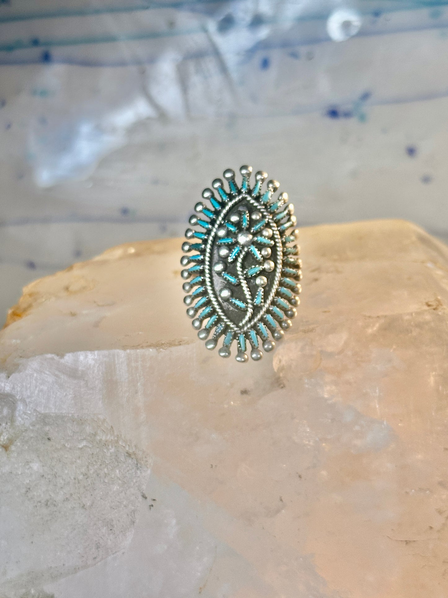 Zuni ring long turquoise flower petite point ring size 6.7 Sterling silver women
