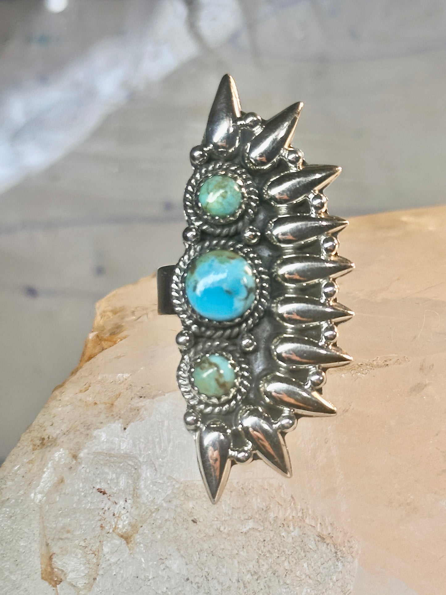 Long turquoise ring southwest size 7 Sterling silver women