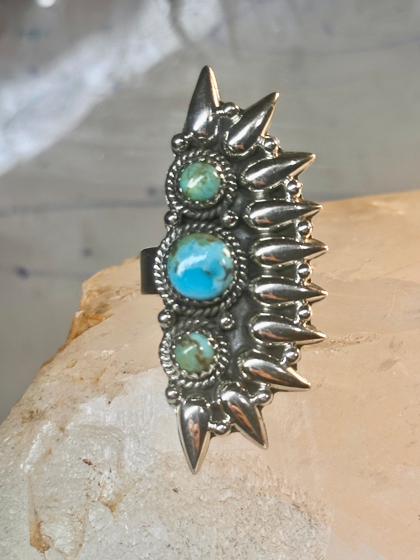 Long turquoise ring southwest size 7 Sterling silver women