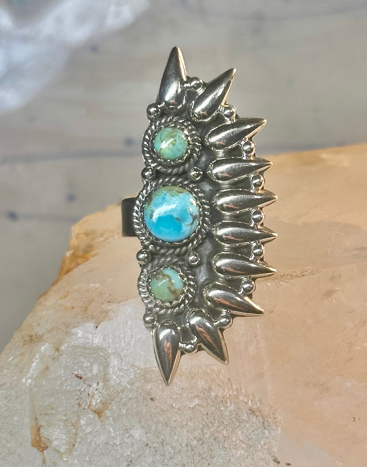 Long turquoise ring southwest size 7 Sterling silver women