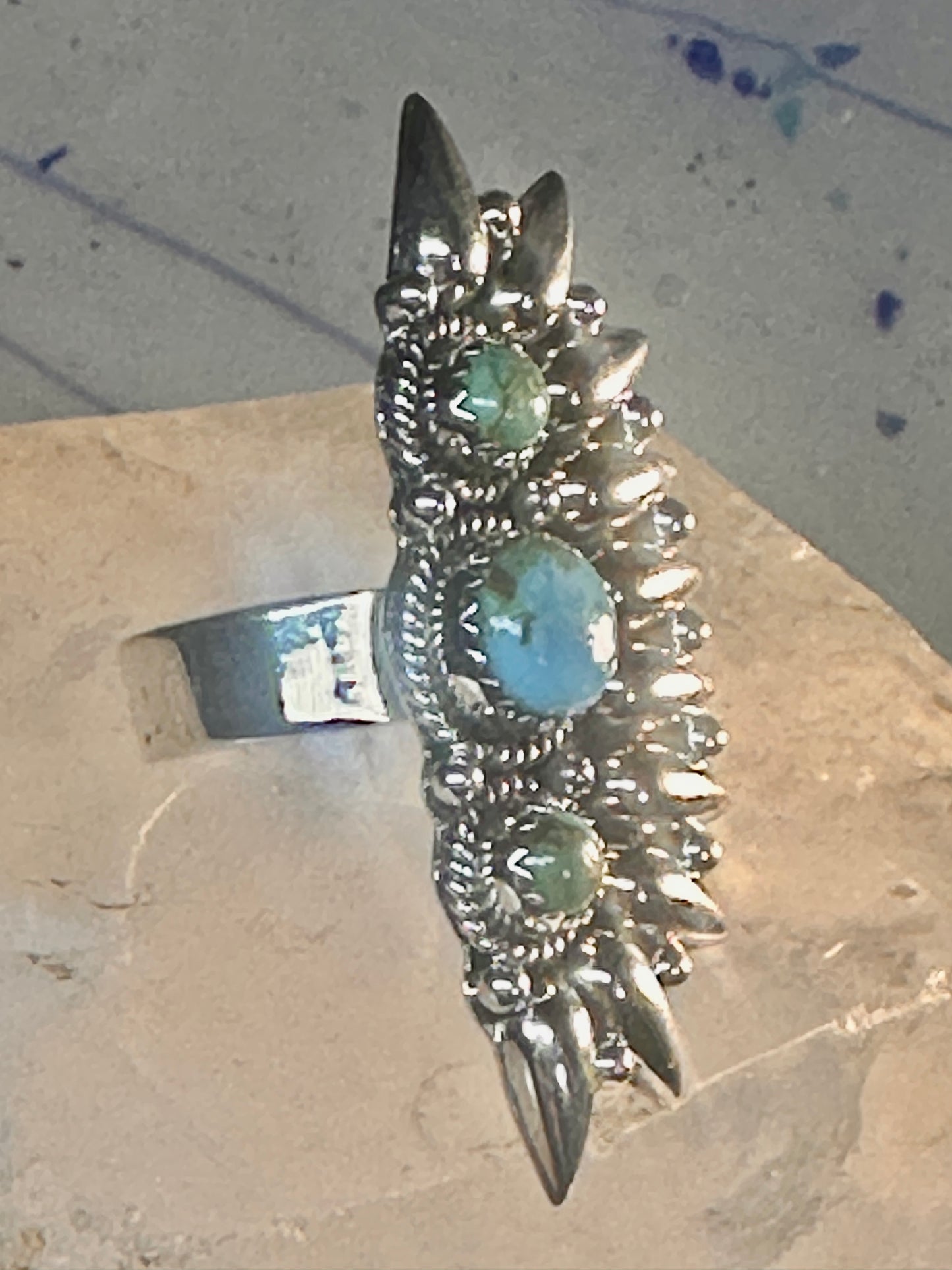 Long turquoise ring southwest size 7 Sterling silver women