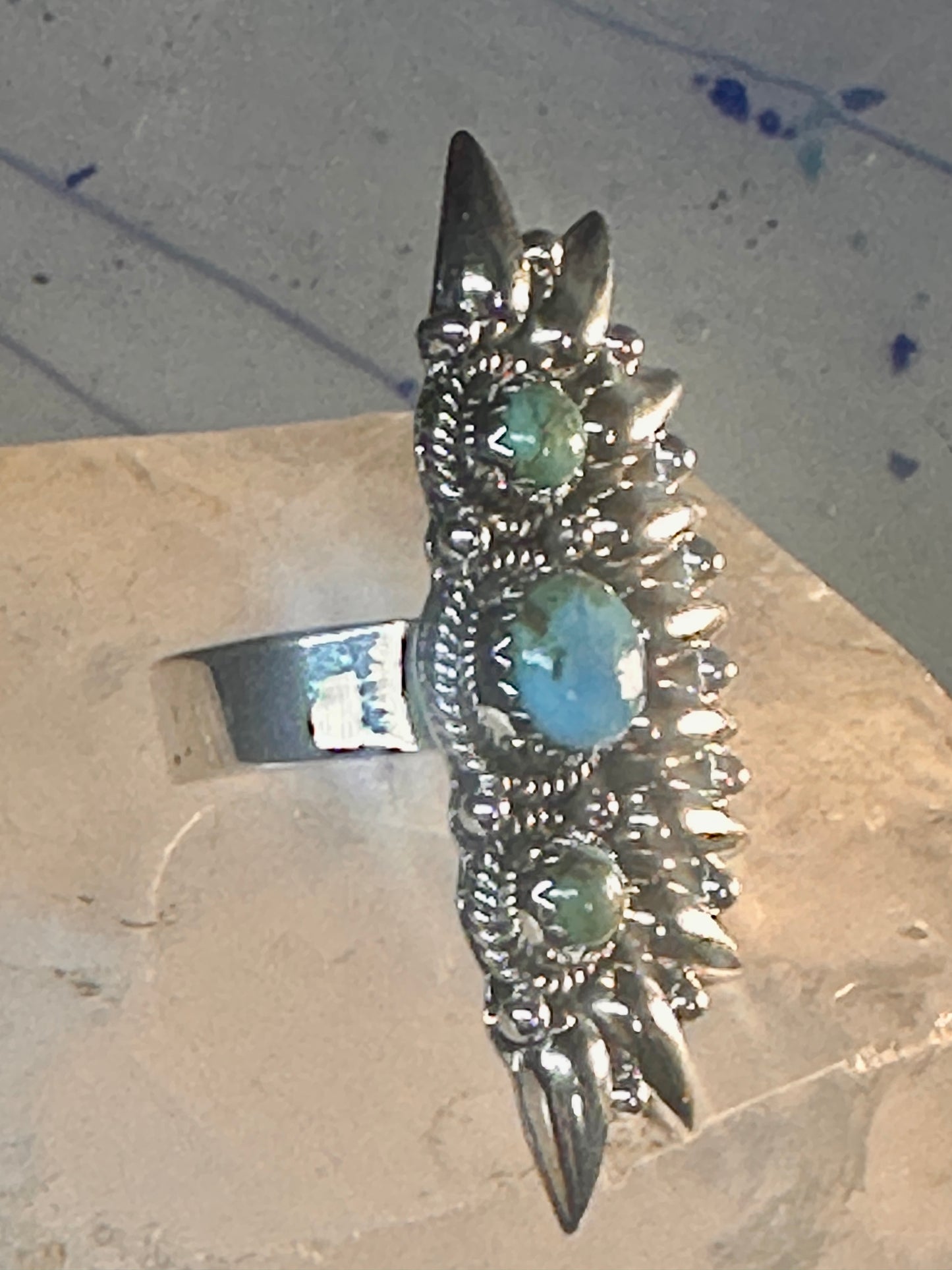 Long turquoise ring southwest size 7 Sterling silver women