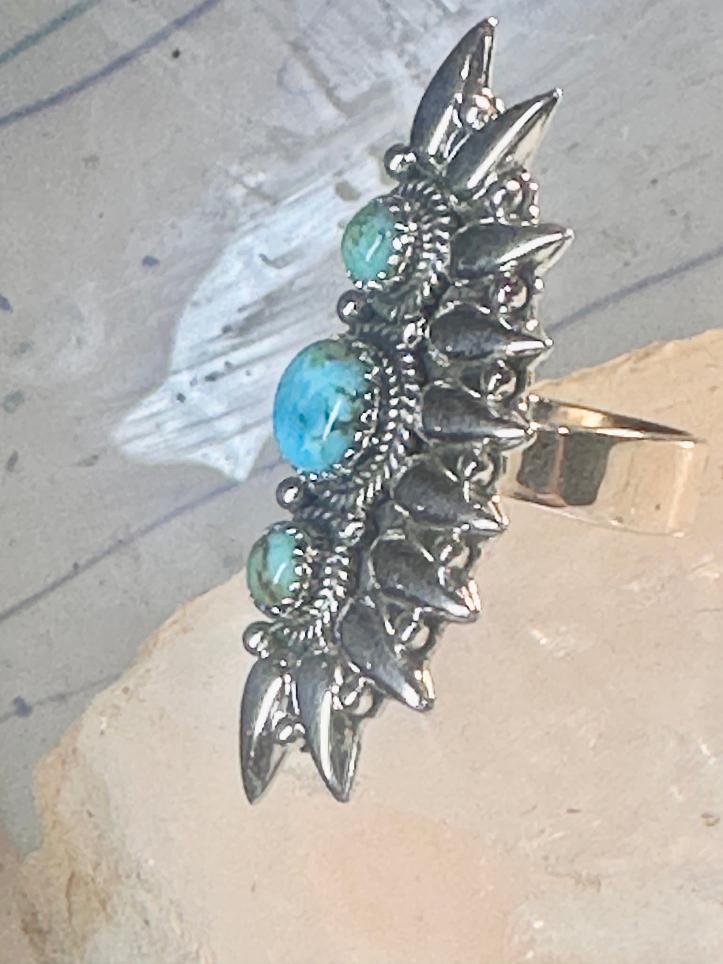 Long turquoise ring southwest size 7 Sterling silver women
