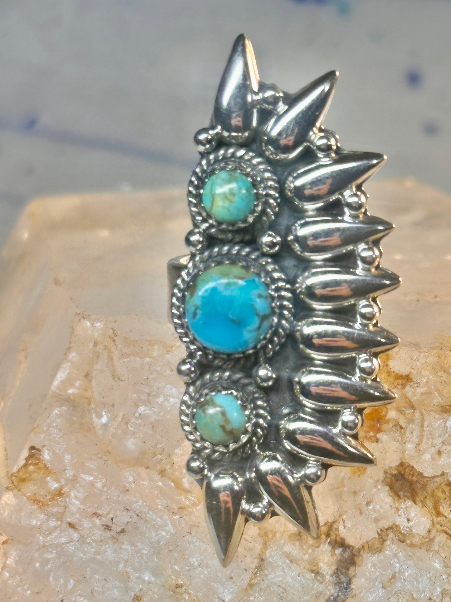 Long turquoise ring southwest size 7 Sterling silver women